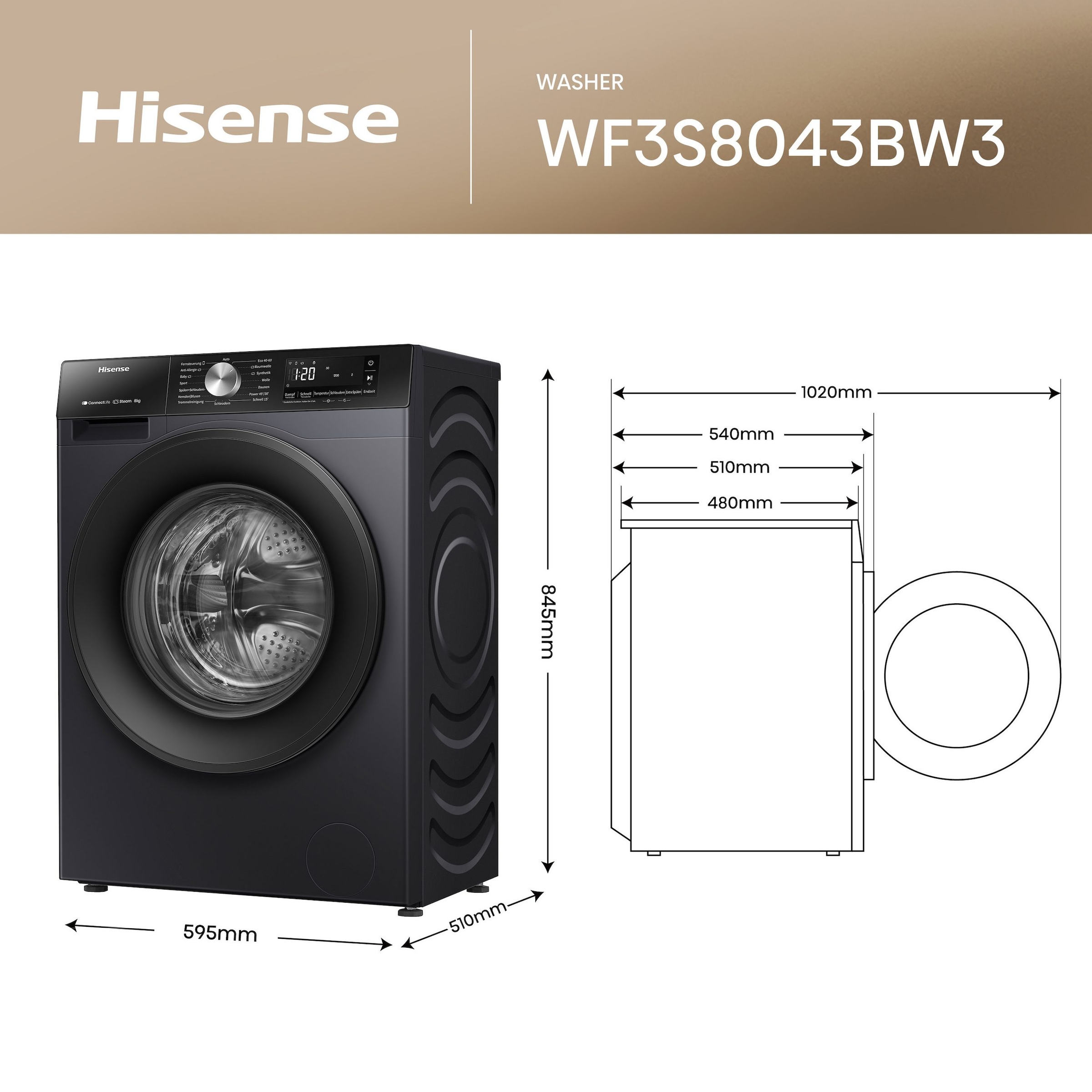 Hisense Waschmaschine 3S Serie »WF3S8043BB3« 8 kg 1400 U/min Wifi-ConnectLife