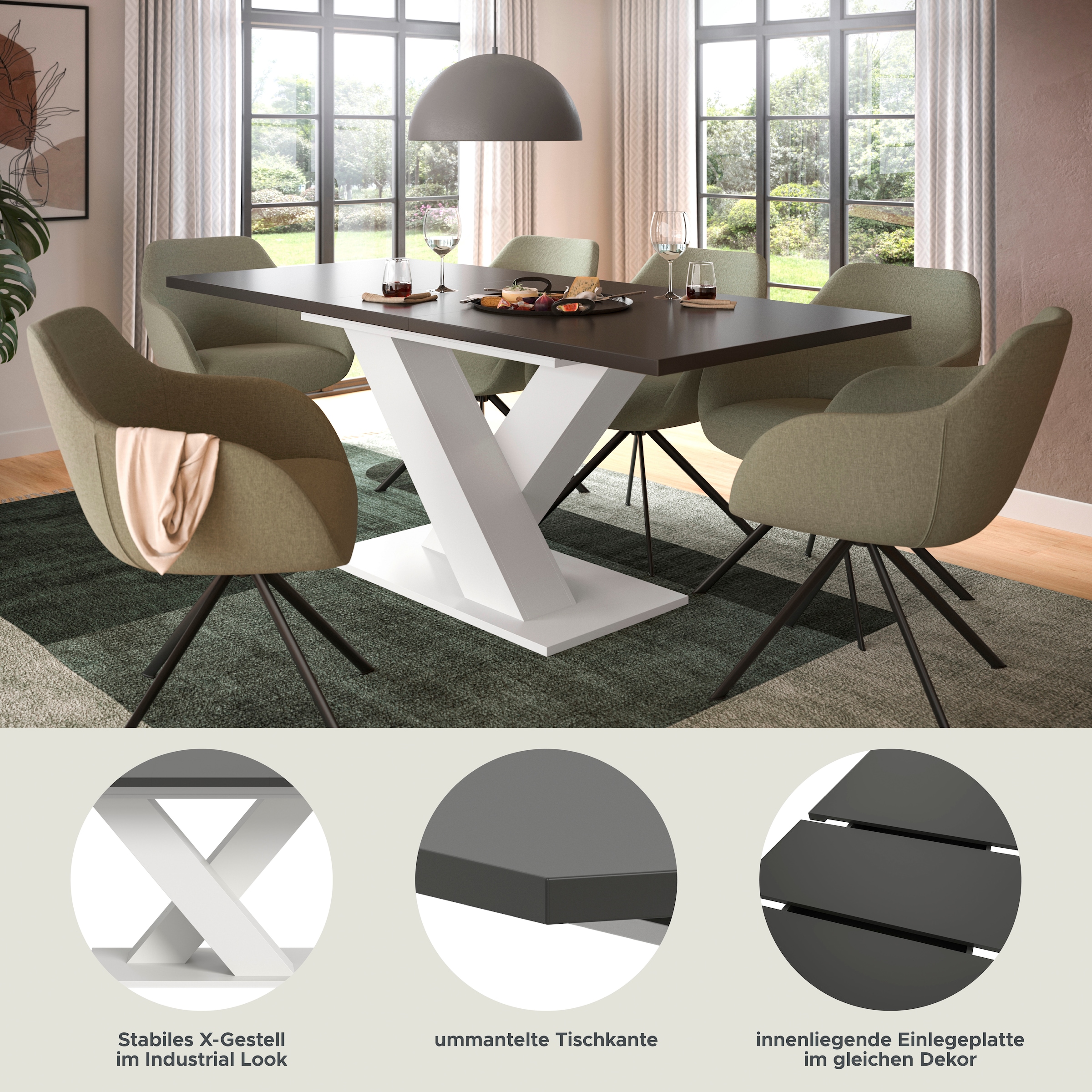 INOSIGN Esstisch »Motus, ausziehbar 150 -190 cm, inklusive 40 cm Einlegeplatte«, (Set, 1 St.), X-Gestell mit Bodenplatte, Tisch, Küchentisch, Esszimmer, Küche