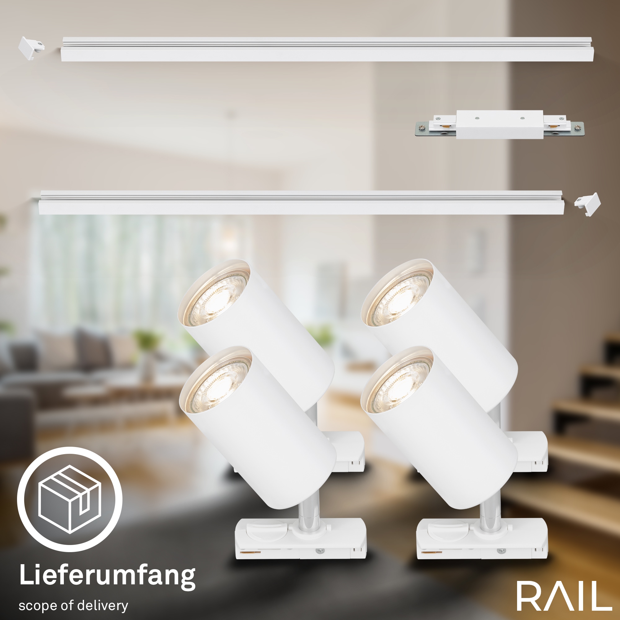 Briloner Leuchten Schienensystem-Sets »RAIL« GU10 9 Stk. Schienensystem Rail 1,5 m Weiß max. 9W Decke Wohnzimmer Büro Küche