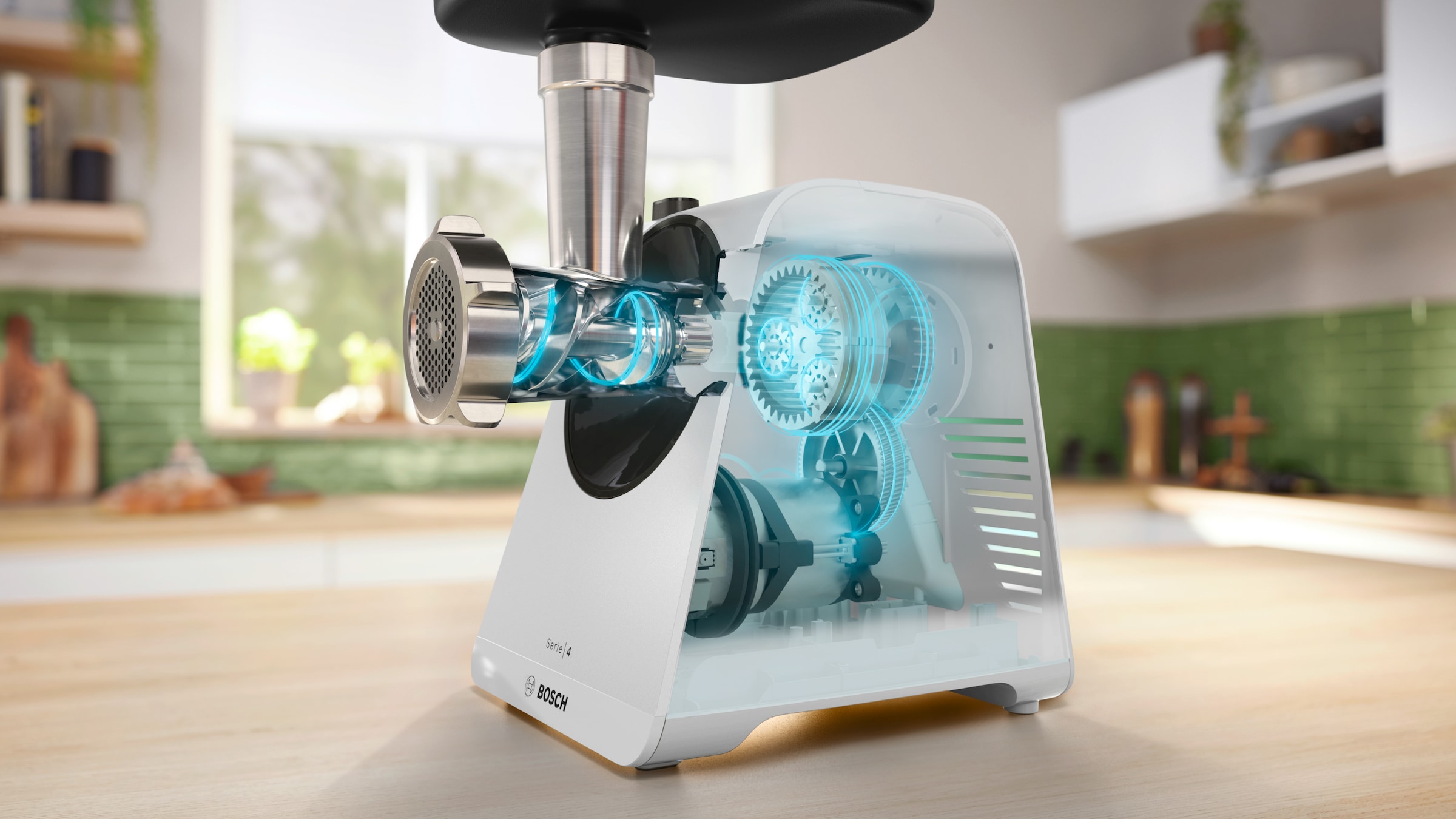 BOSCH Fleischwolf »Serie 4 MFWS420W, 1900 W Blockierlei., 2 Flügel-Messer, 2 Stufen, weiß«, 500 W, Metallkupplung, Wurststopfer, 10 J Motorgarantie, Rücklauffunktion