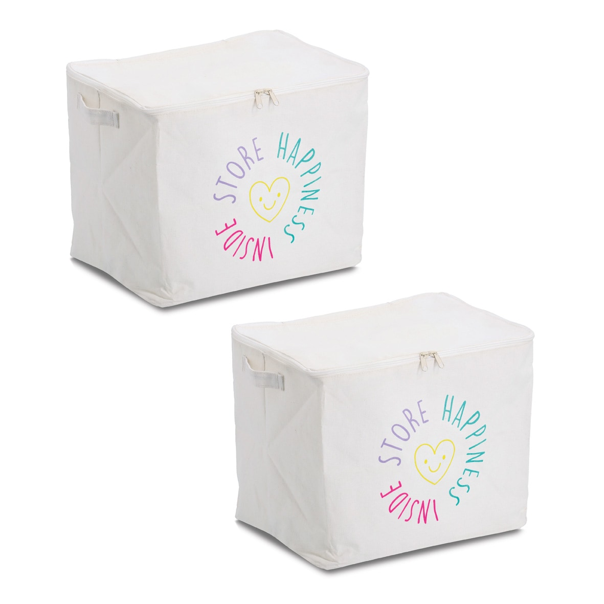 Zeller Present Aufbewahrungsbox »Aufbewahrungsbox, Polyester/Baumwolle, creme« mit Reißverschluss "Happiness", 2er Set, ca. 39x29x30 cm