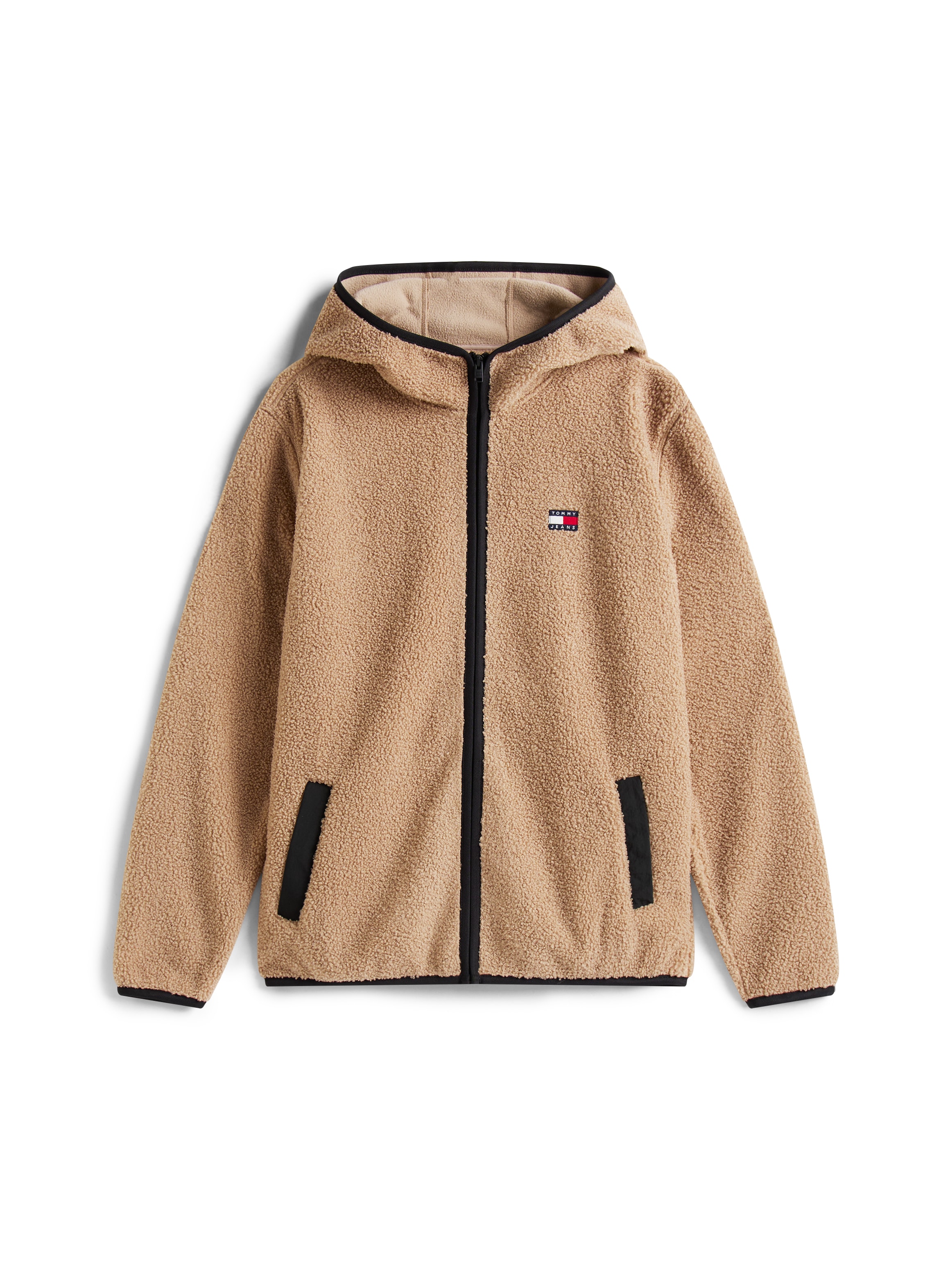 Tommy Jeans Plüschjacke »TJM REG BADGE TEDDY ZIP TRU EXT«, mit Kapuze, mit Logopatch, leicht überschnittene Schultern