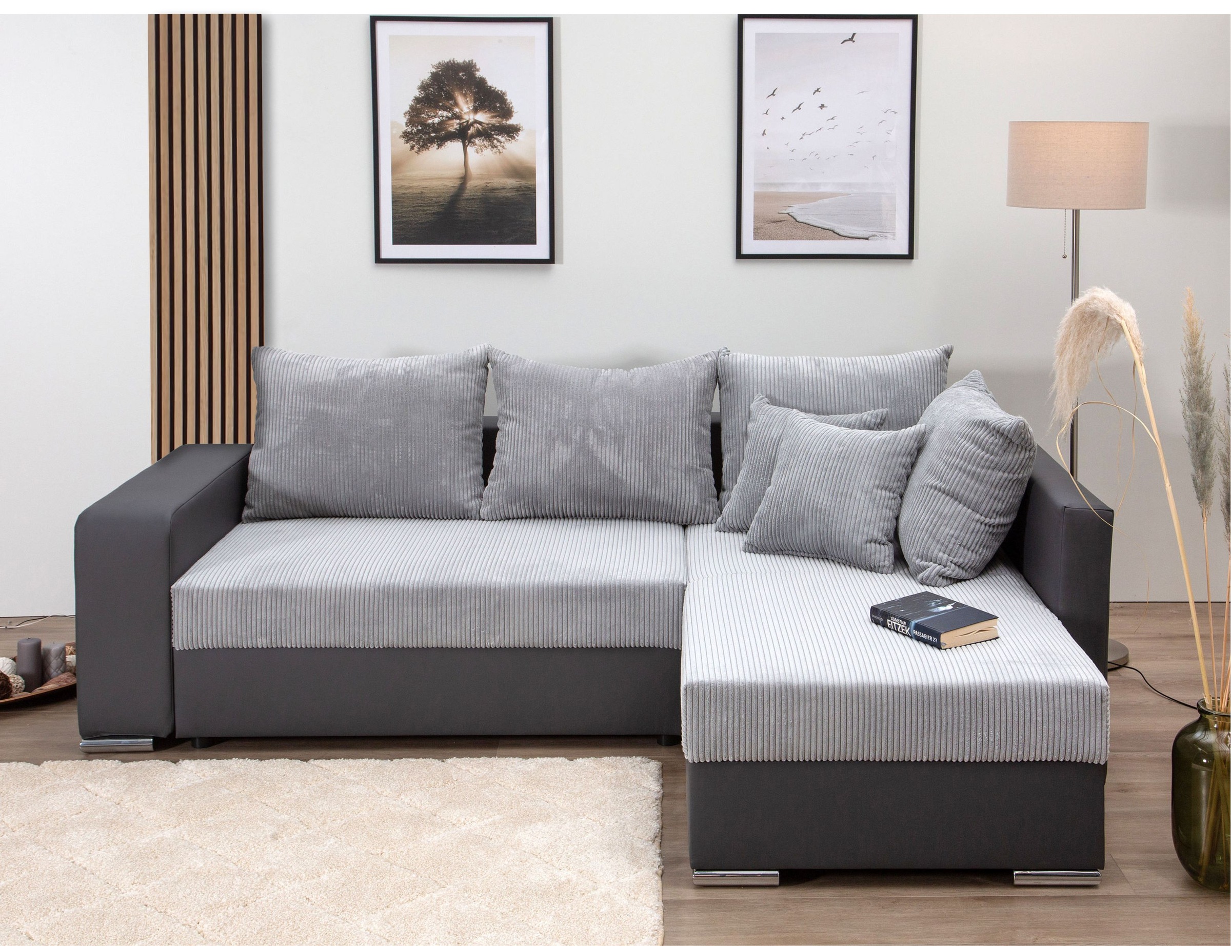 COLLECTION AB Ecksofa »L-Form«, Regalarmlehne mit LED RGB Beleuchtung,Bettfunktion und Bettkasten