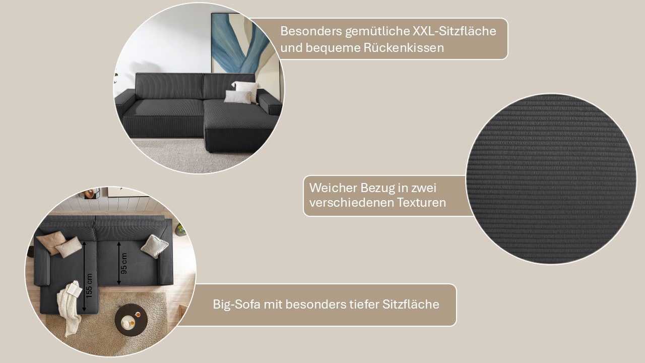 Home affaire Ecksofa »NEU: SHERWOOD XXL 284, Big-Sofa L-Form, tiefe Sitzfläche 95 cm, Cord« Recamiere rechts/links, als Schlafsofa stellbar, Cord u. Leinenoptik