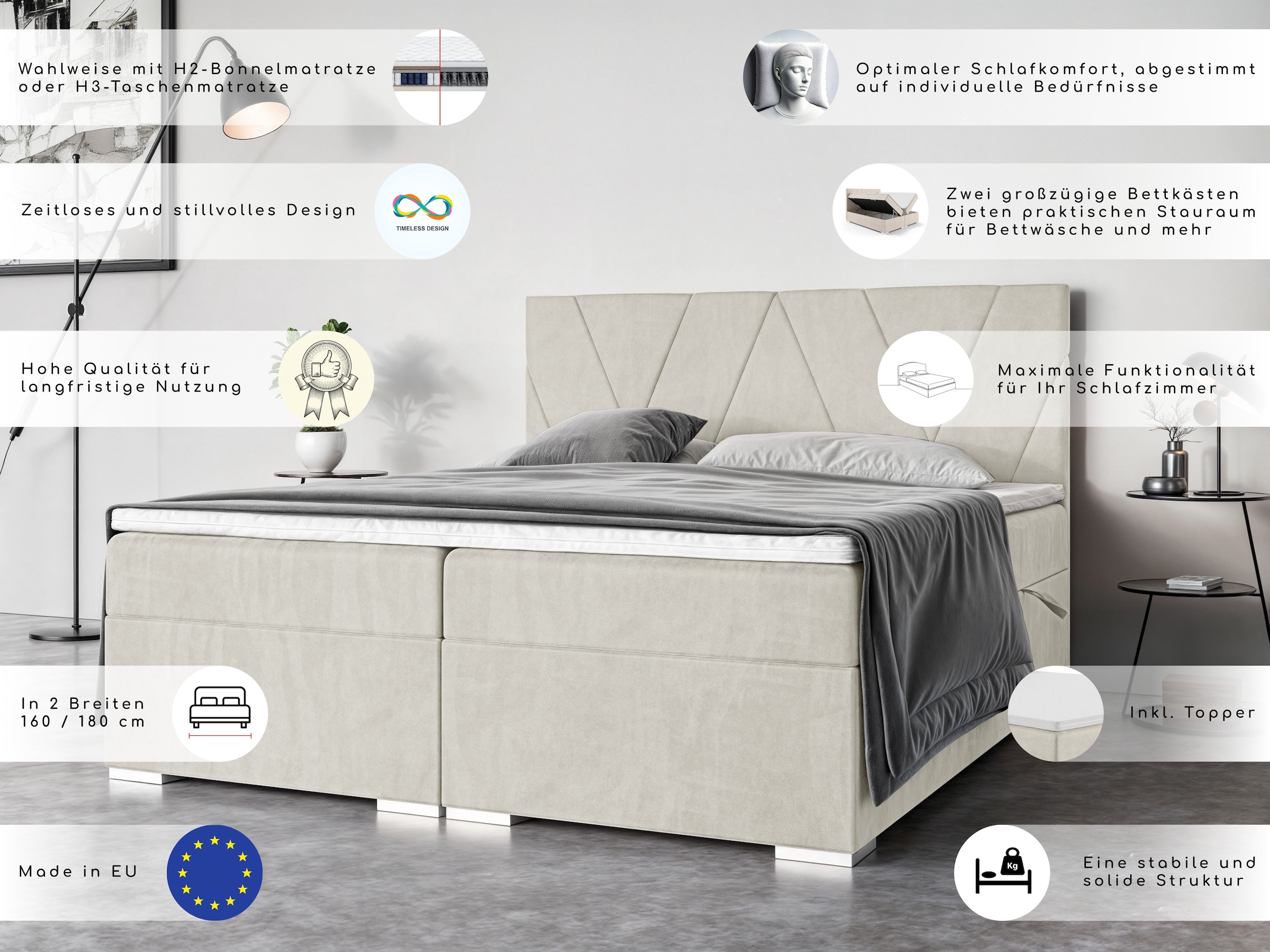 Home affaire Bett »Liania mit Matratze und Topper, in 2 Breiten (160 und 180 cm)« Boxspringbett mit Bettkasten, Matratze (BFK/TFK) und Topper