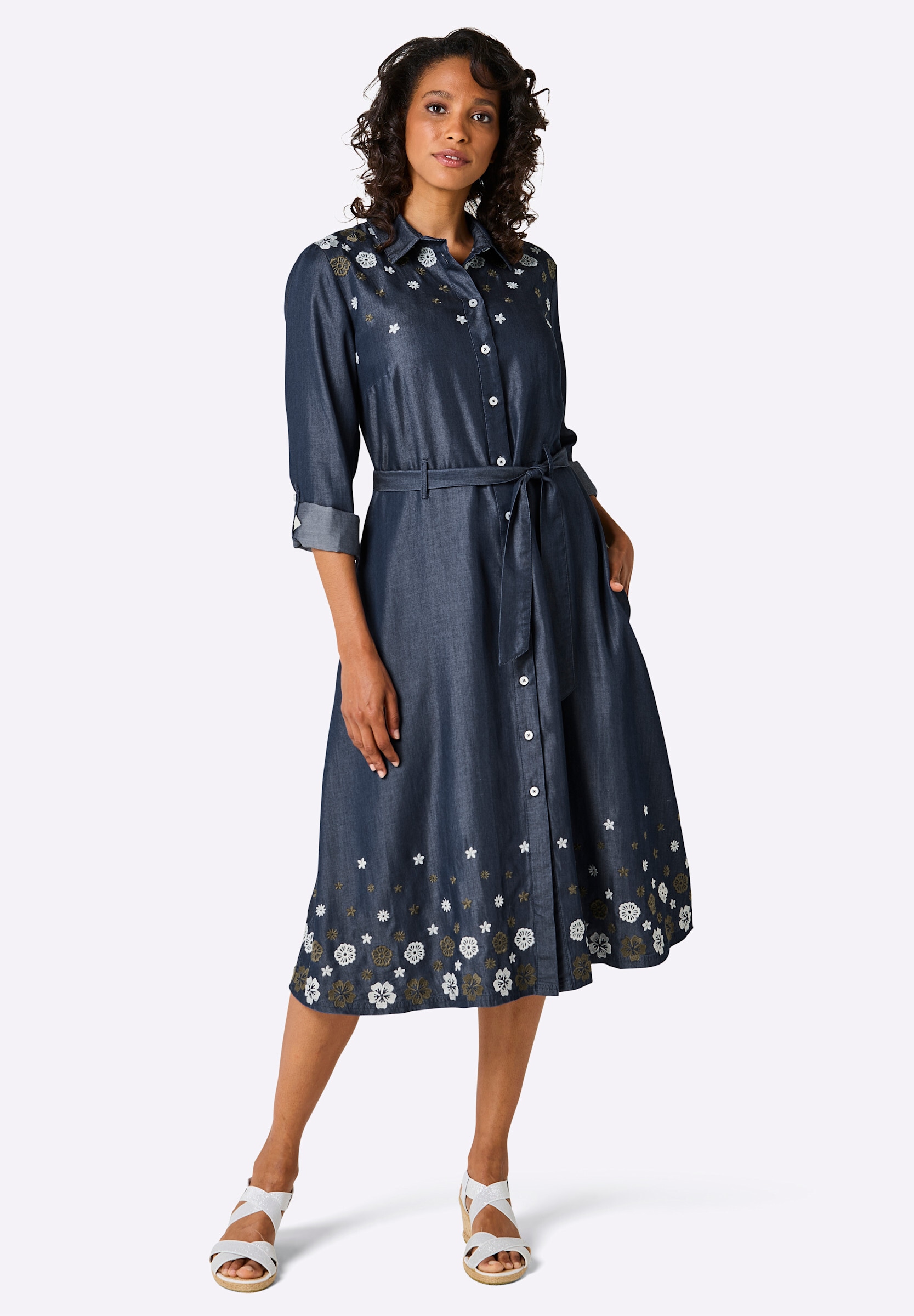 creation L Hemdblusenkleid »Lyocell-Kleid Webkleid mit Blüten-Stickerei« Ohne Taschen