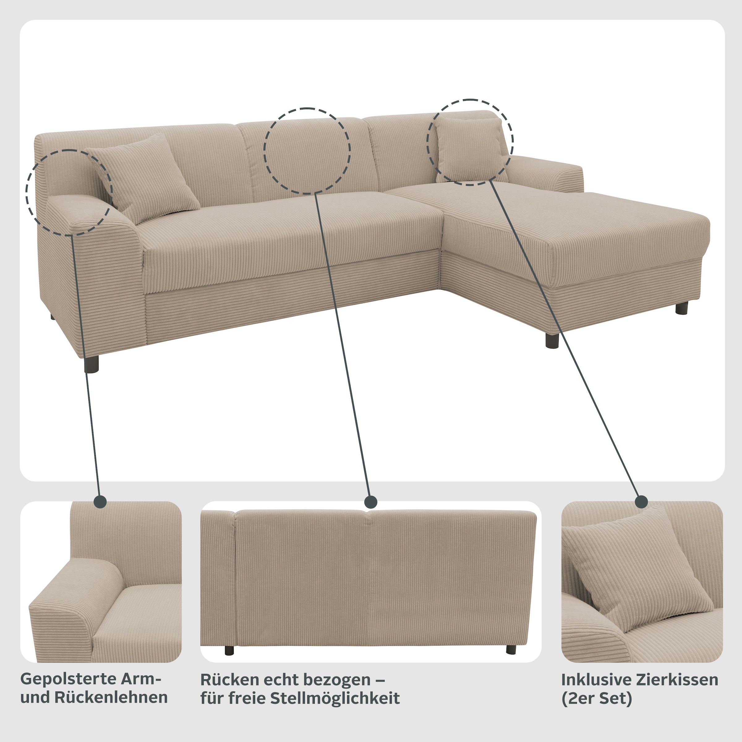 INOSIGN Ecksofa »Turah 2, L-Form, in Cord u. wasserabweisender Microfaser, Federkern«, B/T/H: 241/146/79 cm, incl. Zierkissen, wahlweise mit Bettfunktion