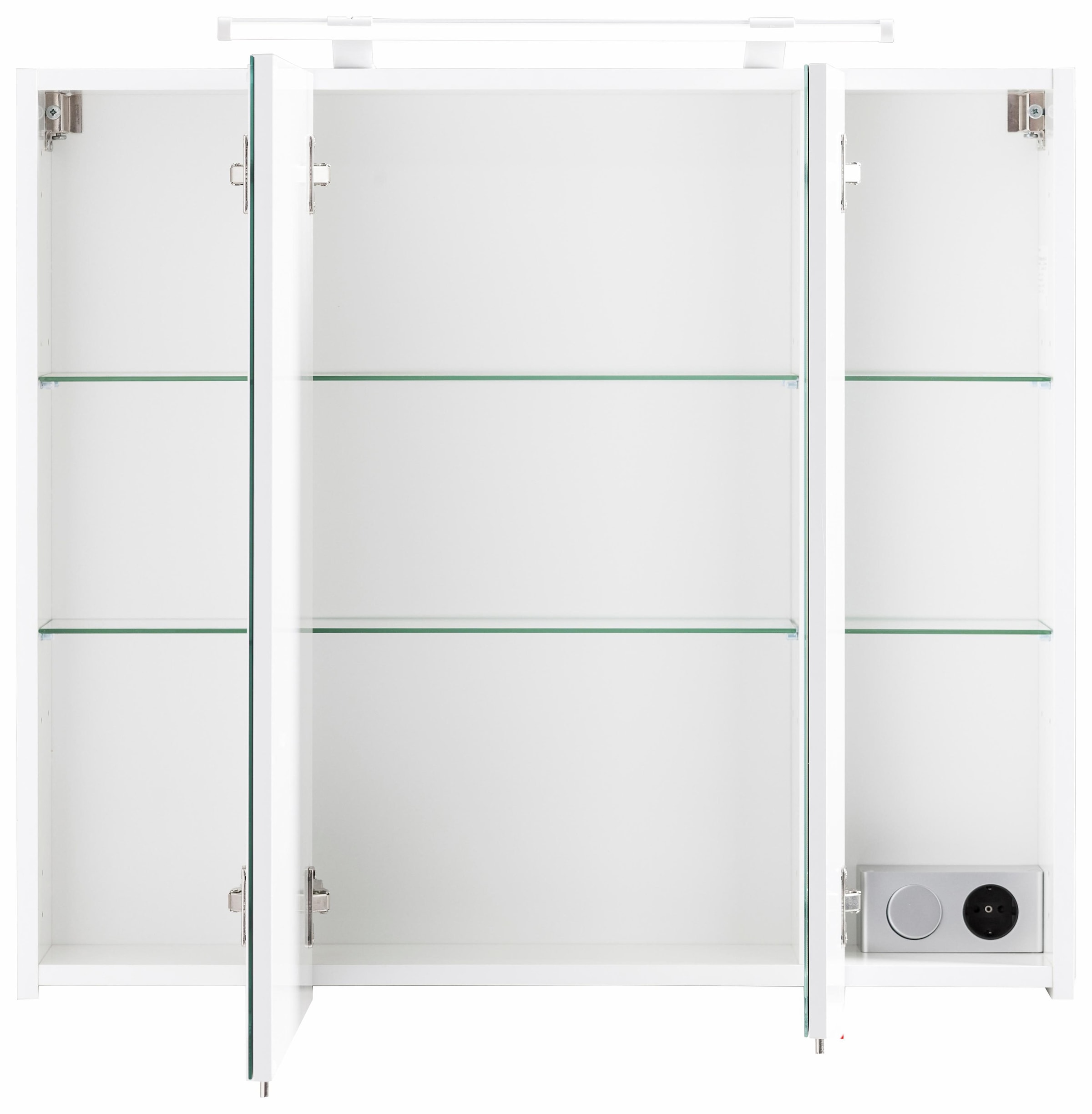 Schildmeyer Spiegelschrank »Dorina, mit höhenverstellbaren Glasböden made in Germany«, Breite 70 cm, 3-türig, LED-Beleuchtung, Schalter-/Steckdosenbox