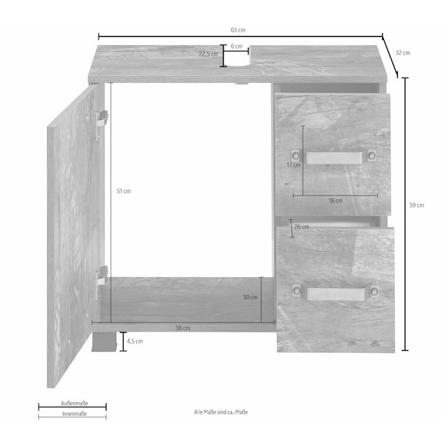 Schildmeyer Waschbeckenunterschrank »Milan«, Breite 65 cm, mit 1 Tür & 2  Schubladen, Tür mit Anschlagdämpfern bestellen bei OTTO