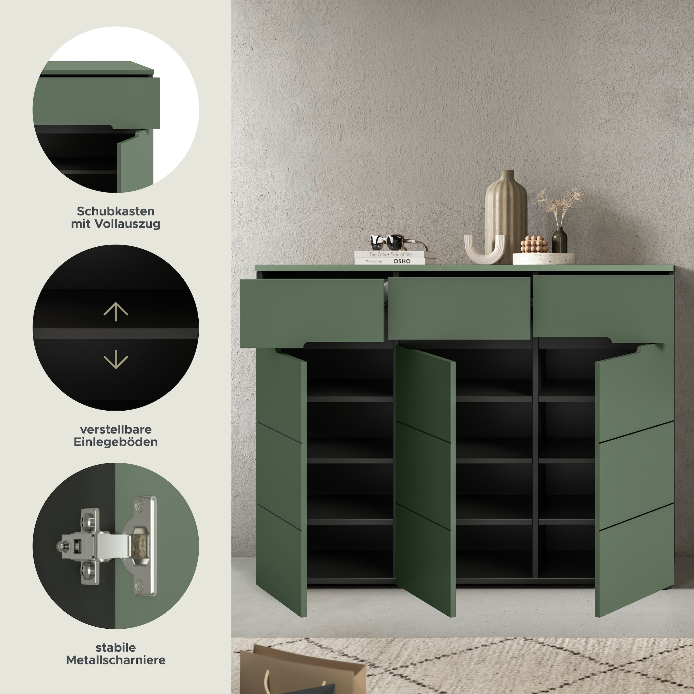 Home affaire Garderobenschrank »REHAT, TOPSELLER!, Breite 120 cm, 3 Türen, 3 Schubkästen, 12 Fächer« in verschiedenen Farben erhältlich, Platz für ca. 24 Paar Schuhe, 1 Stk. tlg. Schuhschrank, Kommode, Schuhkommode, Anrichte, Sideboard
