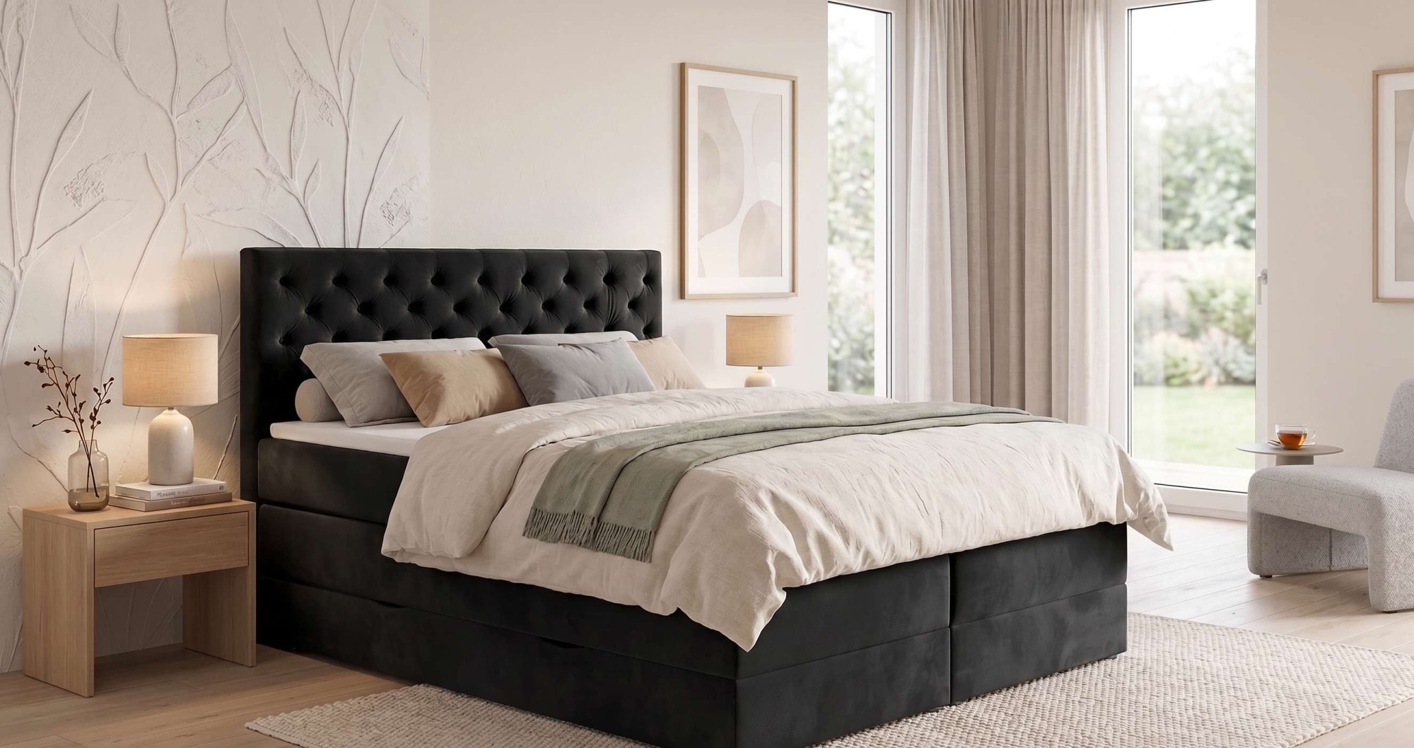 Home affaire Boxspringbett »SELJORD mit Bettkasten, Matratze und Topper, Breite 160 oder 180 cm« Bonnell- oder Taschenfederkernmatratze (H2, H3, H4), mit Knopfheftung