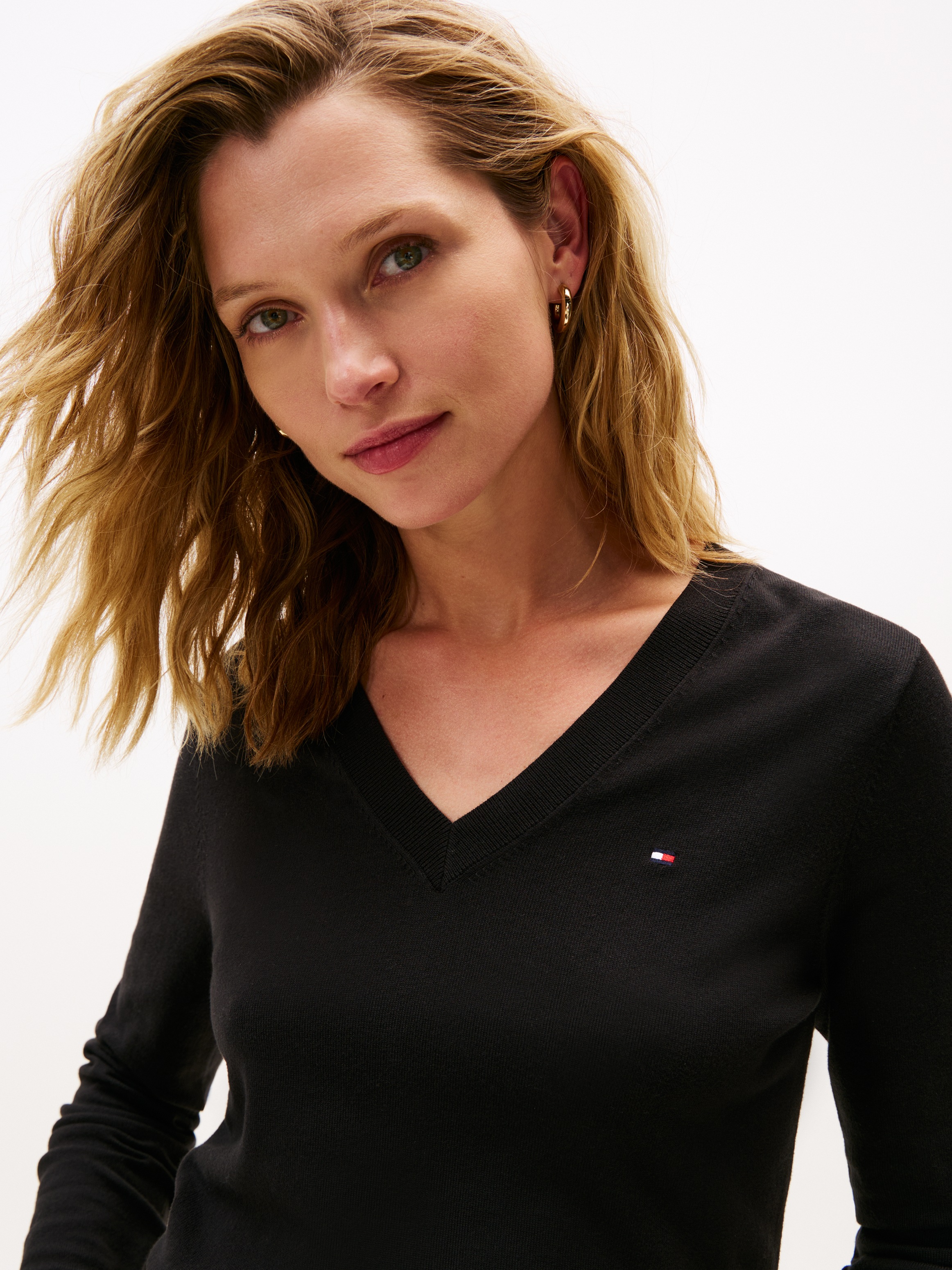 Tommy Hilfiger V-Ausschnitt-Pullover »CO JERSEY STITCH V-NK SWEATER mit V-Ausschnitt und Ripp«, unifarben, casual, regular fit, Baumwollmix, V-Ausschnitt