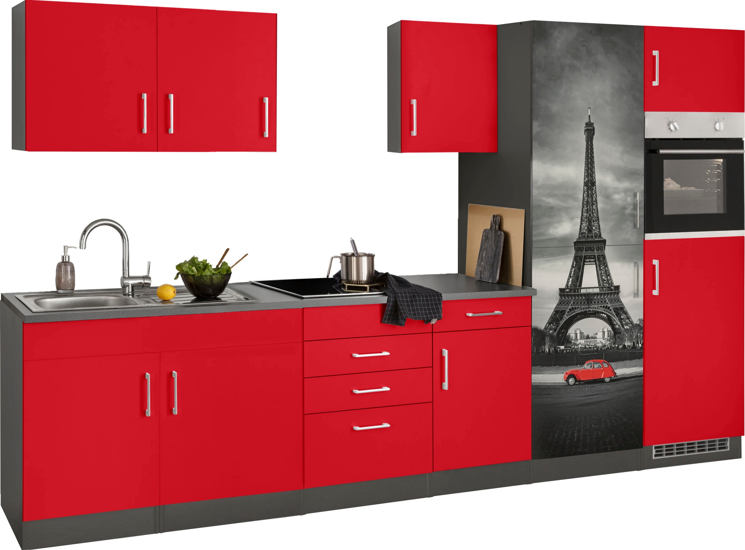 KOCHSTATION Küchenzeile »KS-Paris – Küchen mit einzigartigen Fotomotiven auf den Fronten« Breite 330 cm, wahlweise mit E-Geräten und Induktion