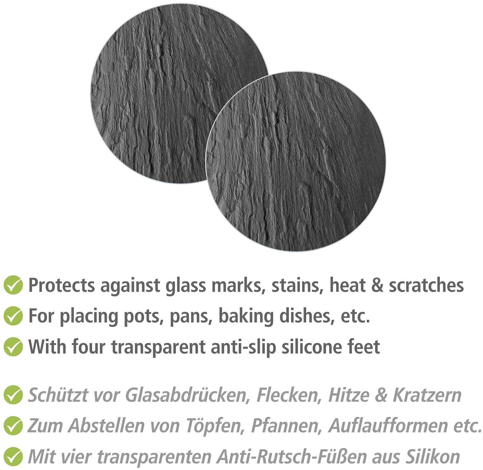 WENKO Topfuntersetzer »Schiefer«, (Set, 2 tlg.), Topfunterlage aus gehärtetem Glas, Schiefer-Optik, für Töpfe & Pfannen