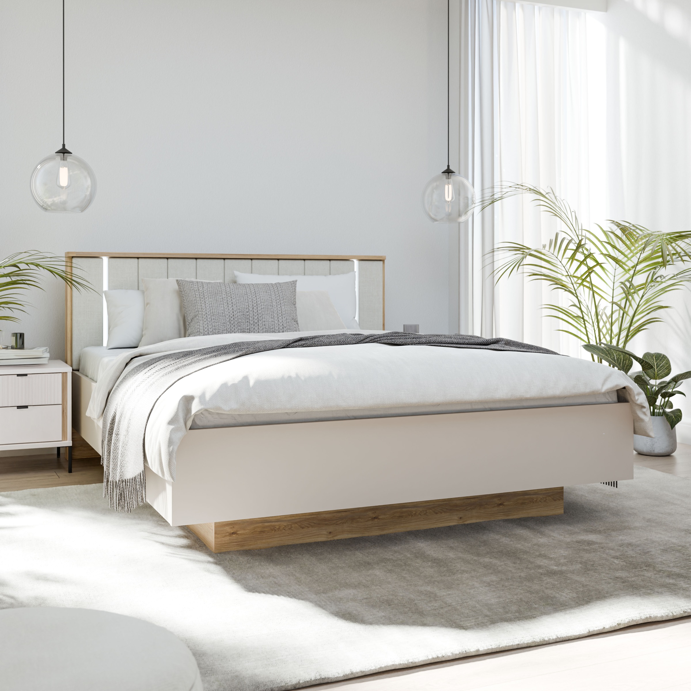 FORTE Bettgestell »Forte Seravel Bettanlage 140 o.160,  Lamellenoptik, warme Holznuancen« inklusive Beleuchtung, aufklappbarer Lattenrost, Stauraum