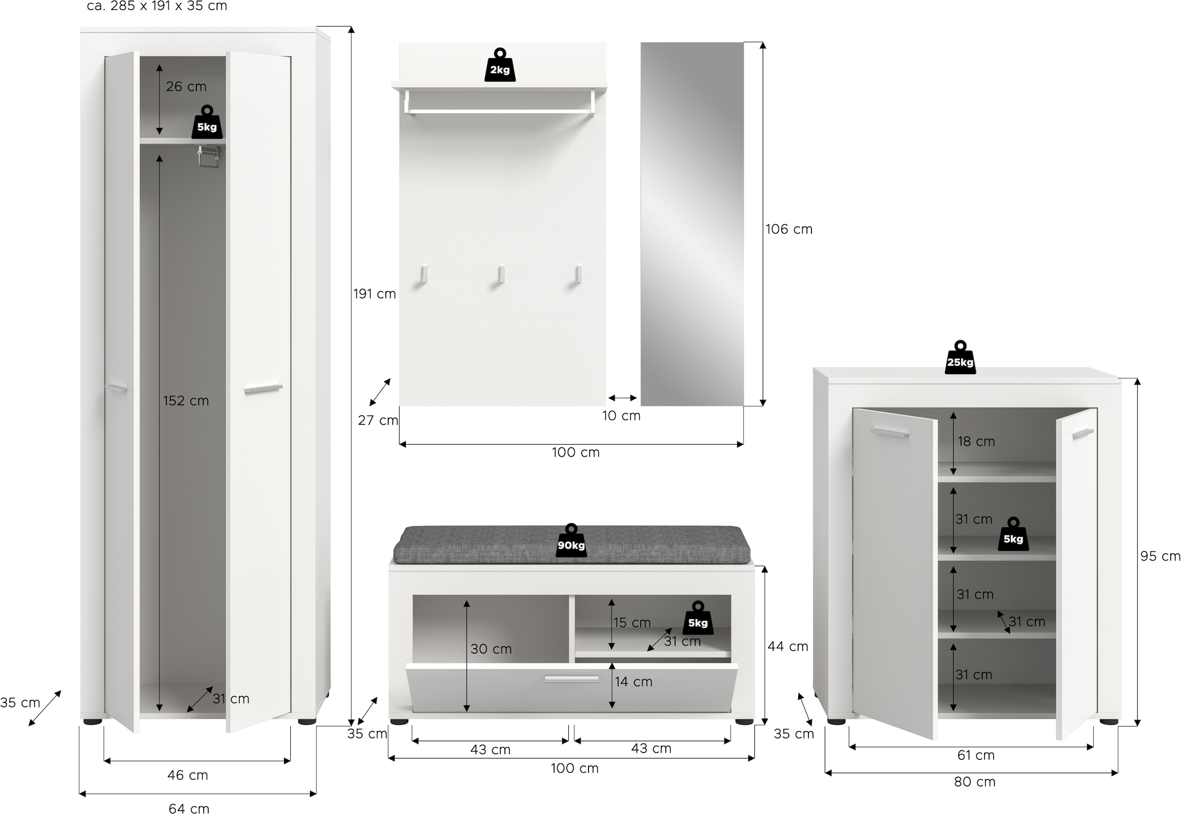 INOSIGN Garderoben-Set »Aosta« Set, 6 Stk. tlg. Aosta, Höhe 191 cm, Garderobenset, Flur, Diele