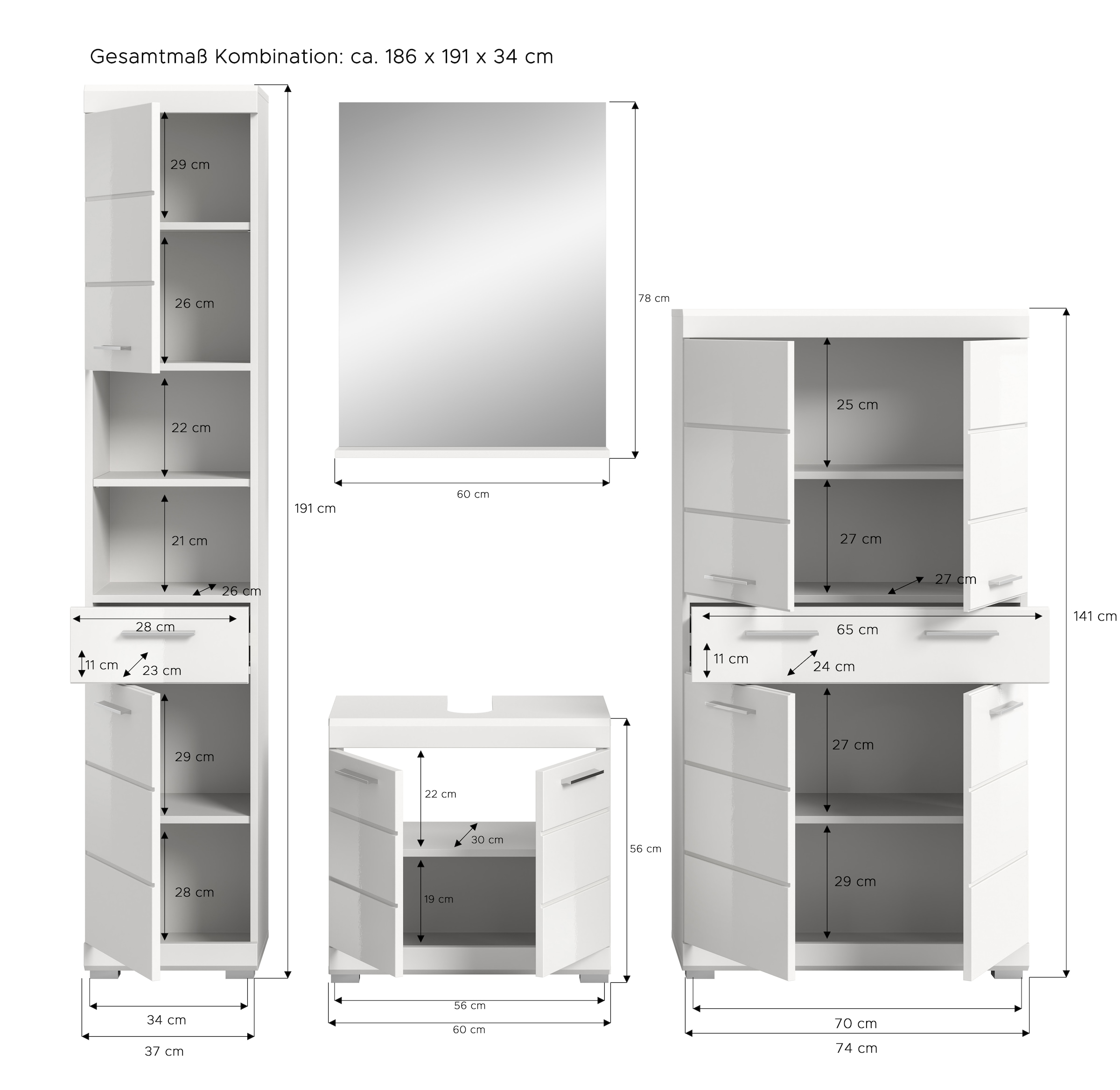INOSIGN Badmöbel-Set »Siena, 4 teilig, bestehend aus:«, (Set, 4 St., TOPSELLER!), Hochschrank, Waschbeckenunterschrank, Badspiegel, Midischrank