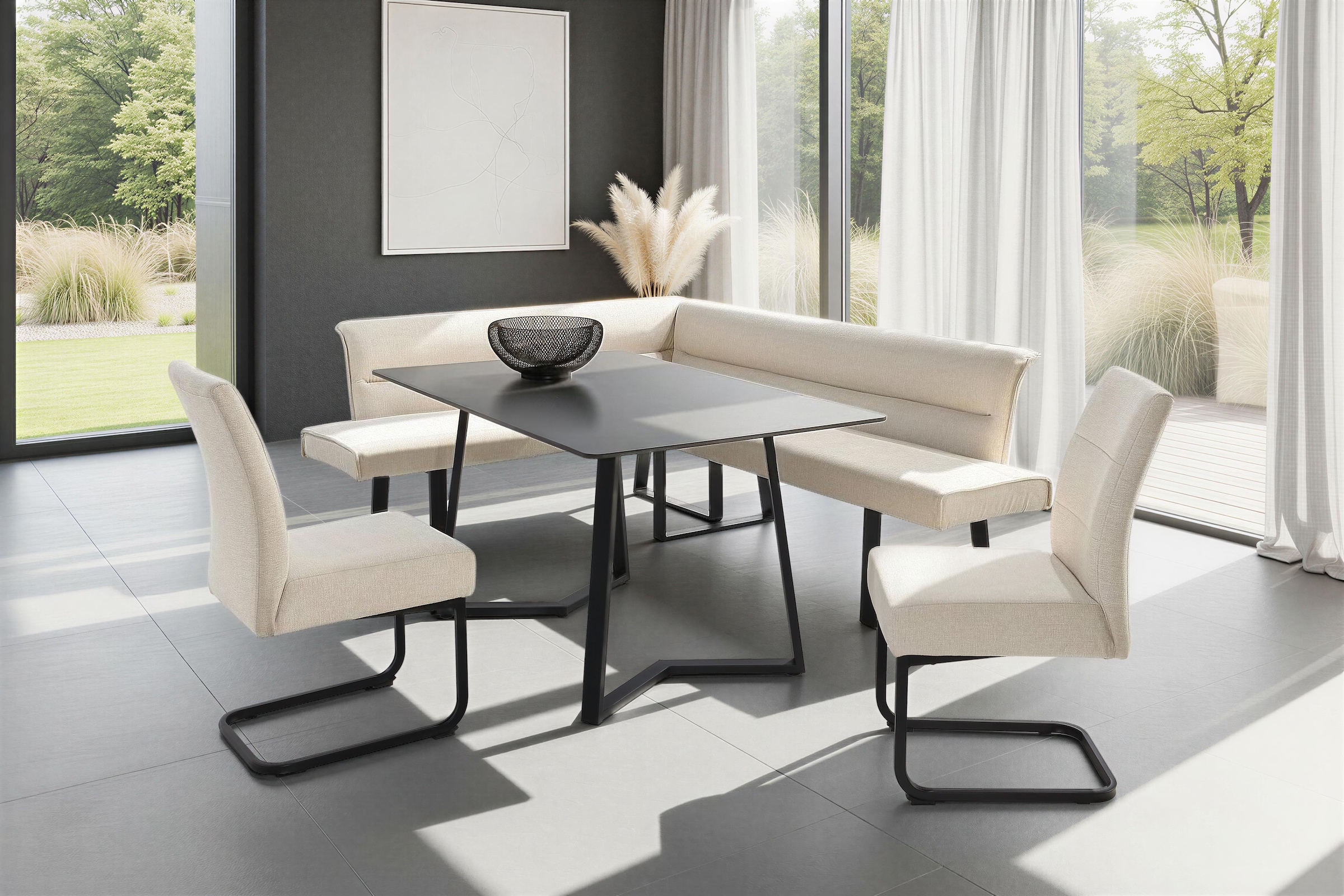OTTO home Eckbankgruppe »(Set, 4-tlg. Tisch, Bank und 2 Stühle), Taschenfederkern« Tisch (140x90cm) schwarz, Bank und Stühle anthrazit oder beige