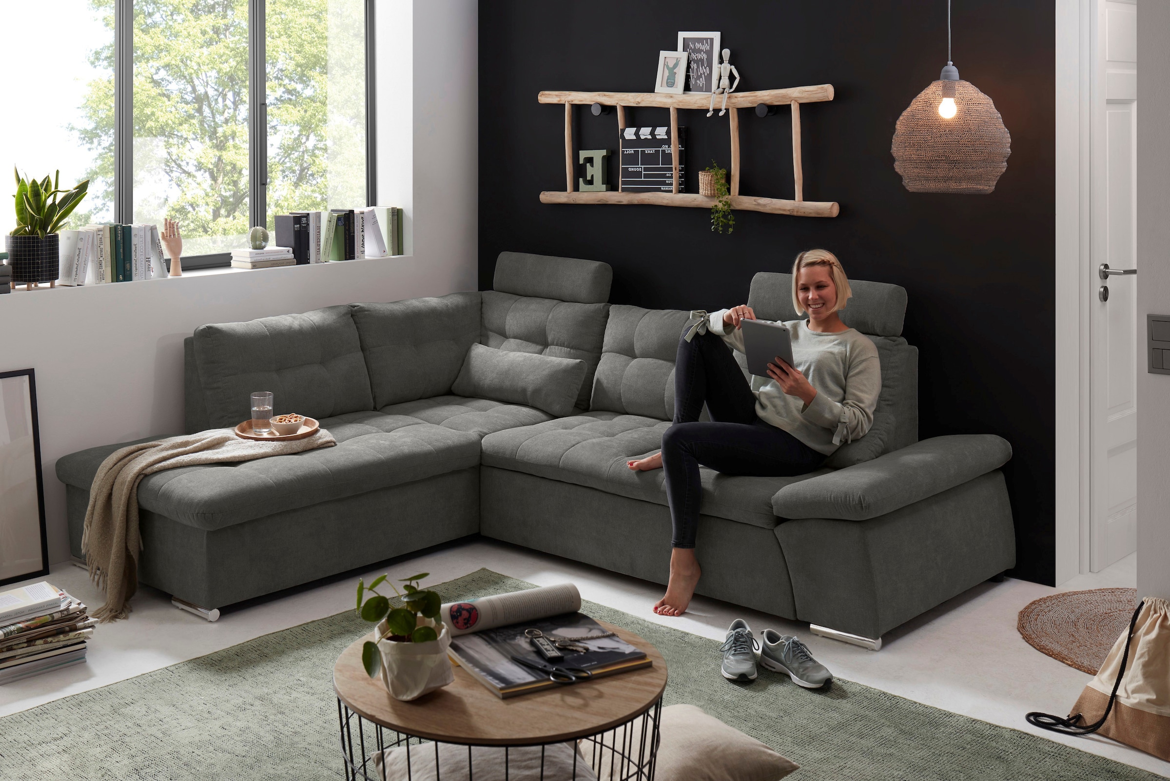 ED EXCITING DESIGN Ecksofa »Nalo L-Form«, mit Bettfunktion, Armteilverstellung, Kopfstützen & 2 Nierenkissen