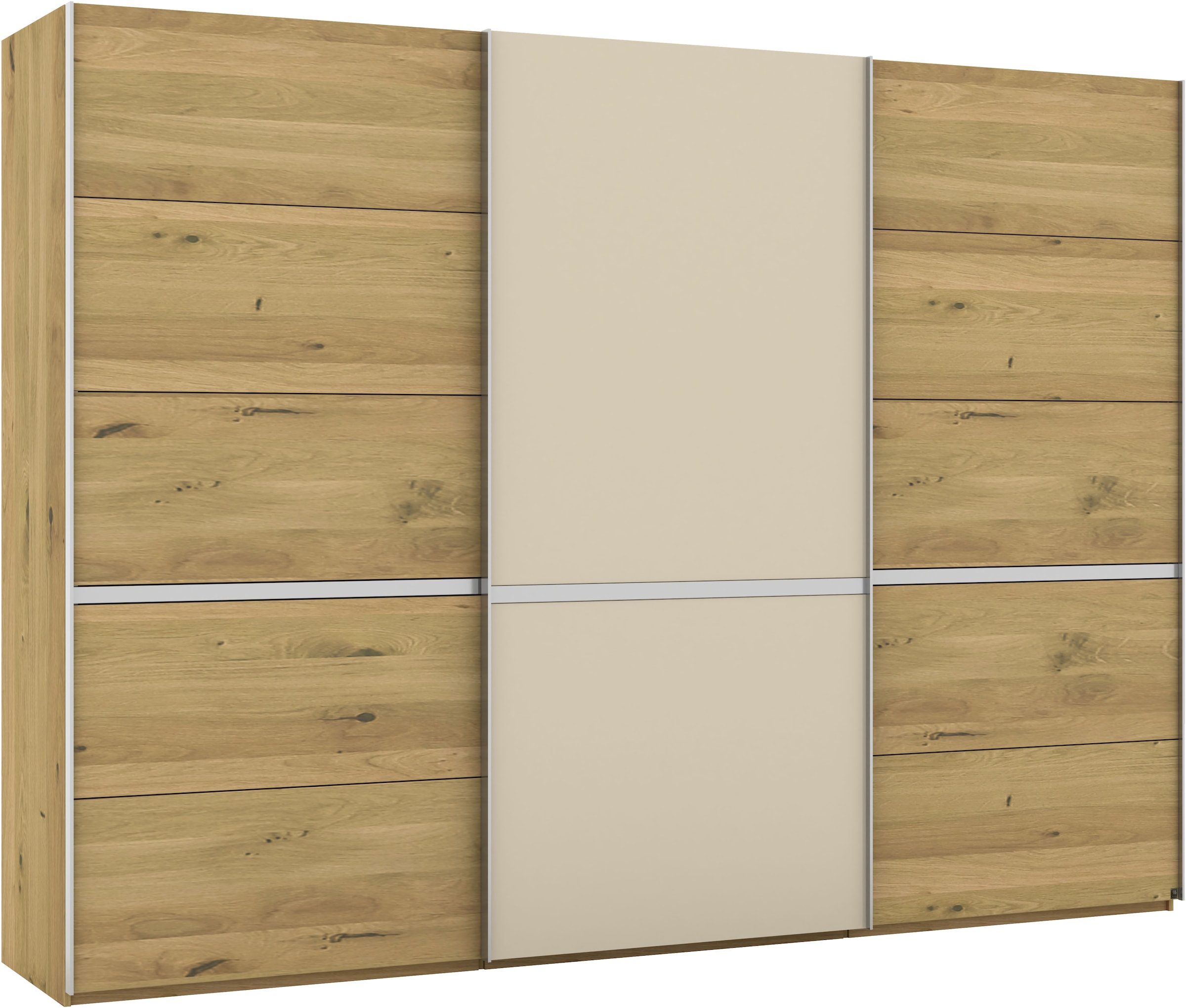 Musterring Schwebetürenschrank »Savona, Kleiderschrank, Schrank, Garderobe, mit Schiebetüren«, (Teilmassiv Bianco-Eiche, mit Spiegel oder Glas, MADE IN GERMANY), Türen Bianco-Eiche massiv, Spiegel-/Glastüren, eingelegte Chromleiste