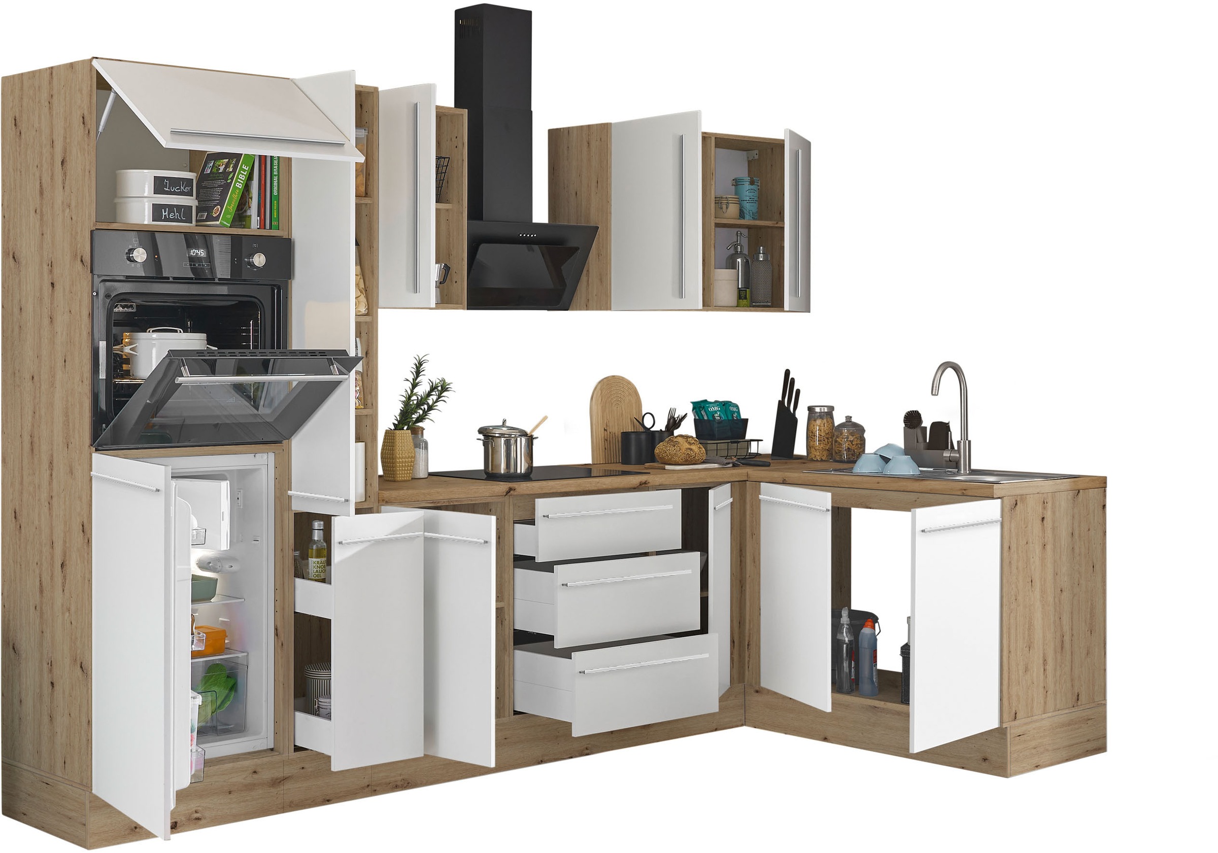 KOCHSTATION Winkelküche »Florida, Stellbreite 300x165 cm«, wahlweise mit E-Geräten, mit Softclose für Türen und Schubkästen