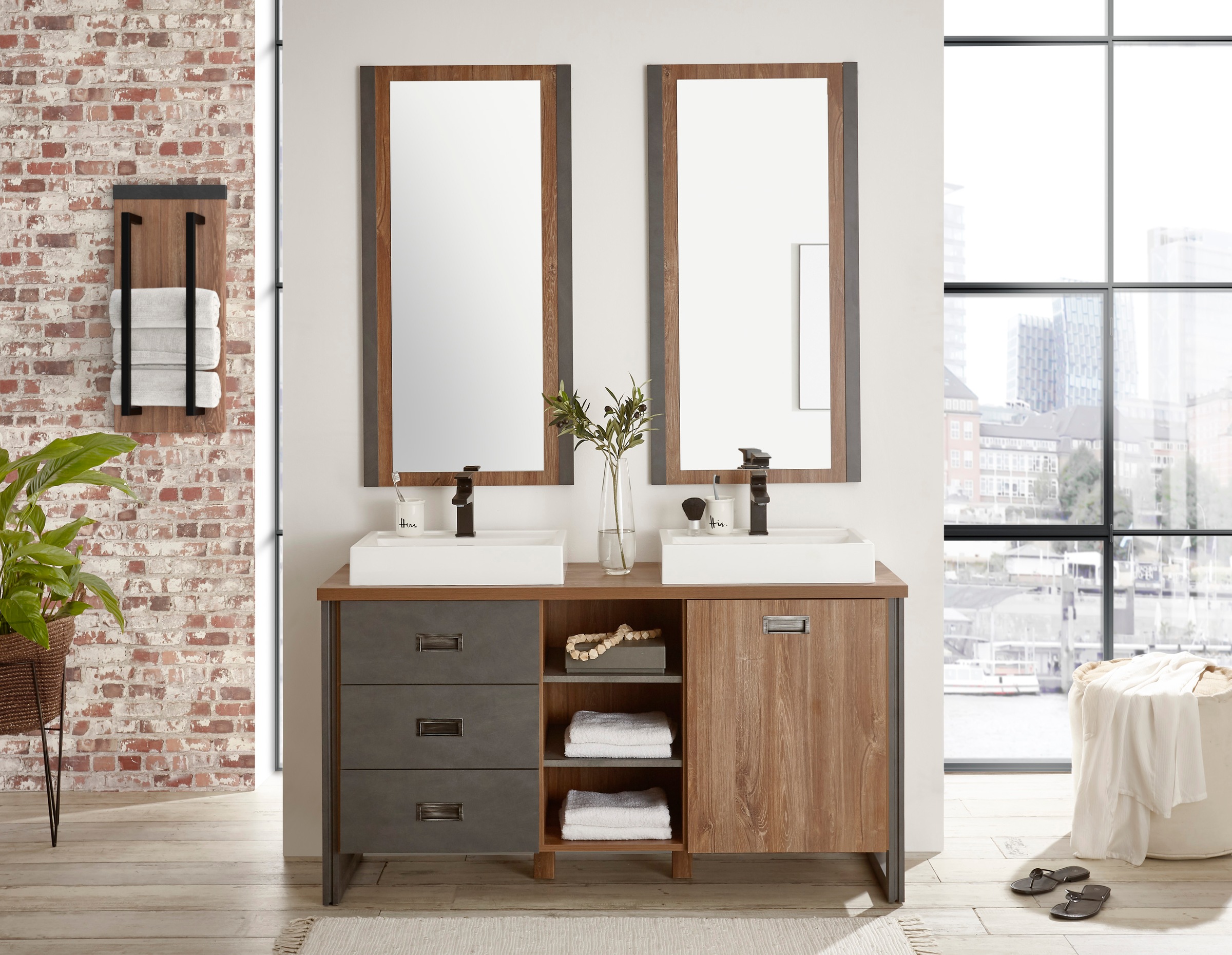 Home affaire Badmöbel-Set »Detroit, Bad im Industrialdesign, 2-teiliges Badezimmer«, (Set, 3 St.), Waschtisch und Spiegel, inkl. zwei Aufsatzwaschbecken aus Mineralguss