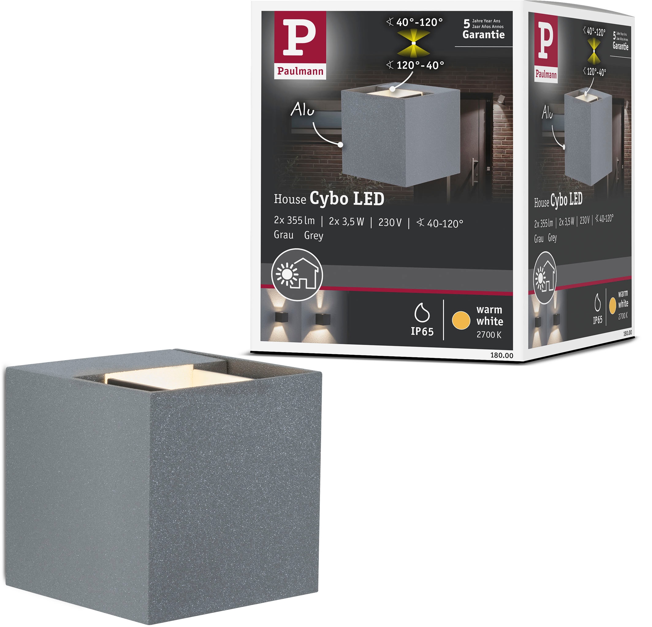 Paulmann LED Außen-Wandleuchte »Outdoor 230V Cybo LED 2x3,5W 230V IP65 eckig 80x80mm Grau Aluminium«, 2 flammig, Outdoor 230V Cybo LED 2x3,5W 230V IP65 eckig 80x80mm Aluminium
