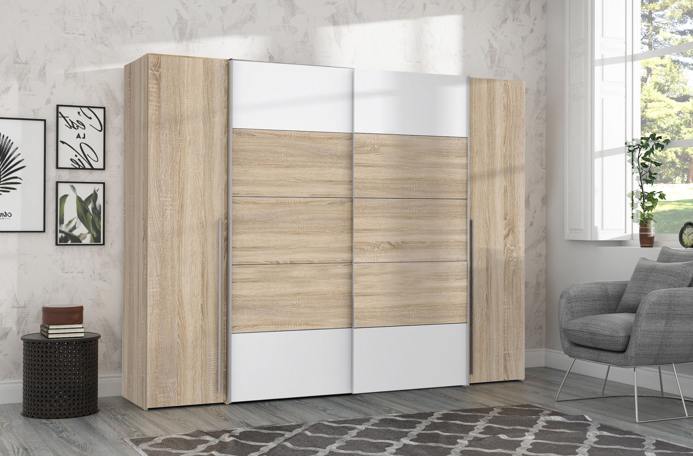 FORTE Dreh-/Schwebetürenschrank »Narago, TOPSELLER zum TOP Preis! In verschiedenen Farben«, (Farbe Weiß auch mit Spiegeln erhältlich), mit zahlreichen Einlegeböden, viel Stauraum, Made in Europe