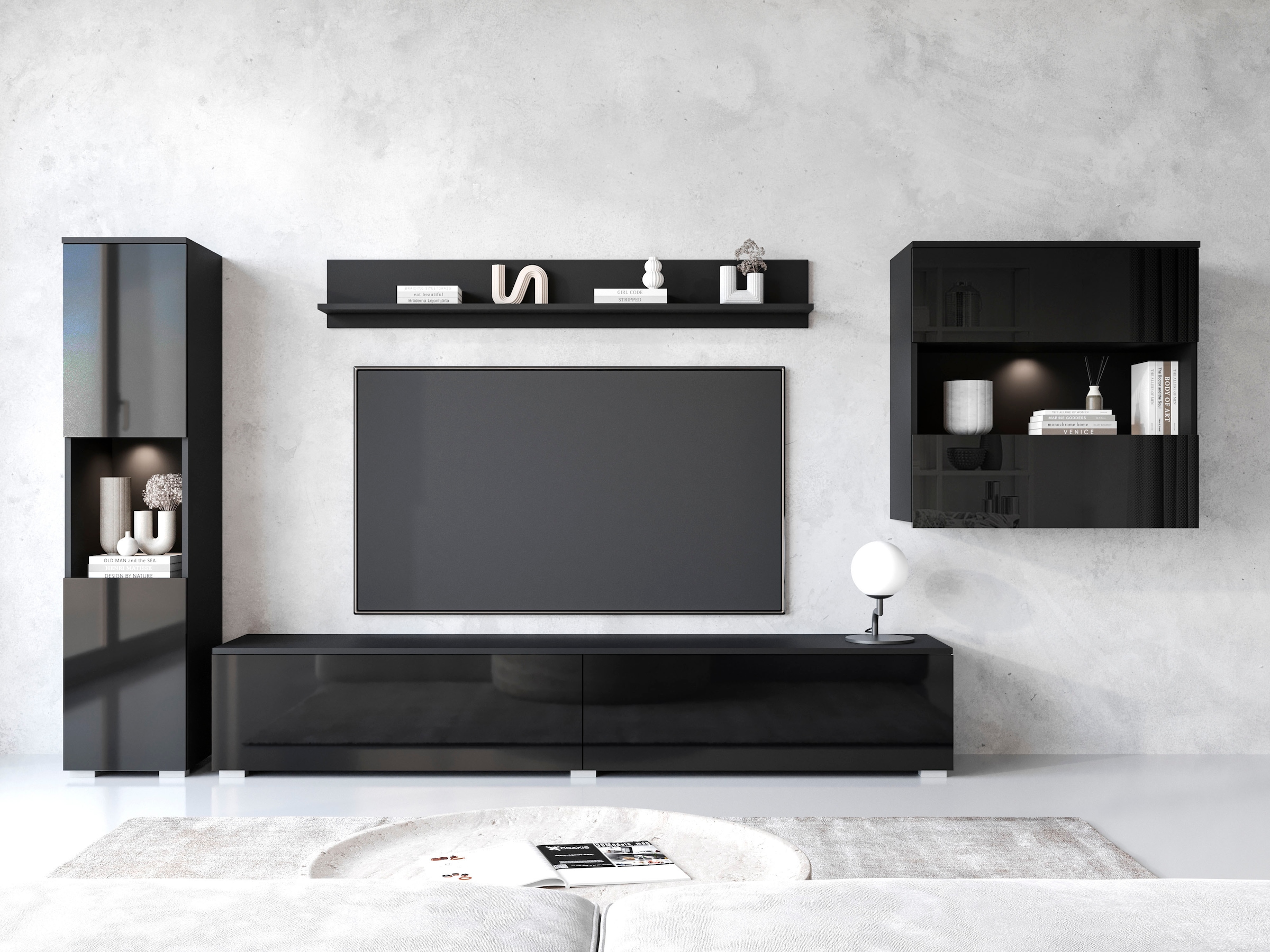 INOSIGN Wohnwand »PARIS, Vitrine Türanschlag links/rechts wechselbar«, (Komplett-Set, 4 St.), grifflose Design, stehend und hängend montierbar