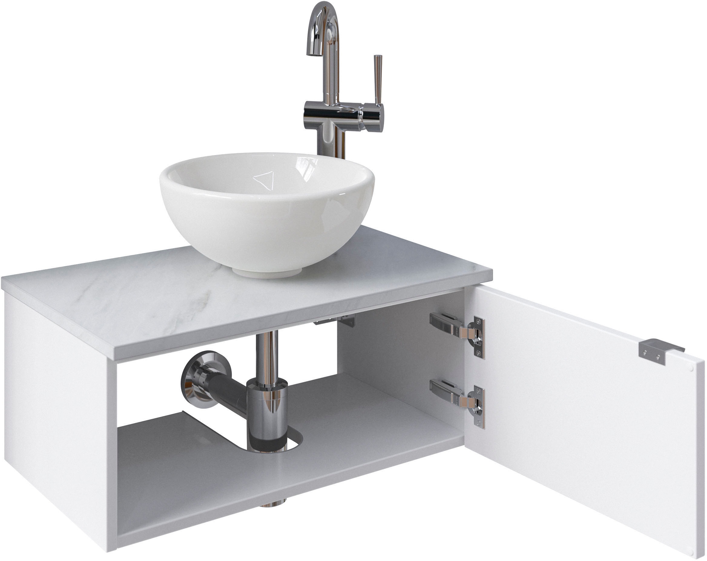 Saphir Waschtisch »Serie 6915 Waschschale mit Unterschrank für Gästebad, Gäste WC« Keramik-Aufsatzbecken, Waschtischplatte, Waschtischunterschrank, 3 Stk. tlg. 61 cm breit, 1 Tür, offenes Fach, kleine Bäder, ohne Armatur