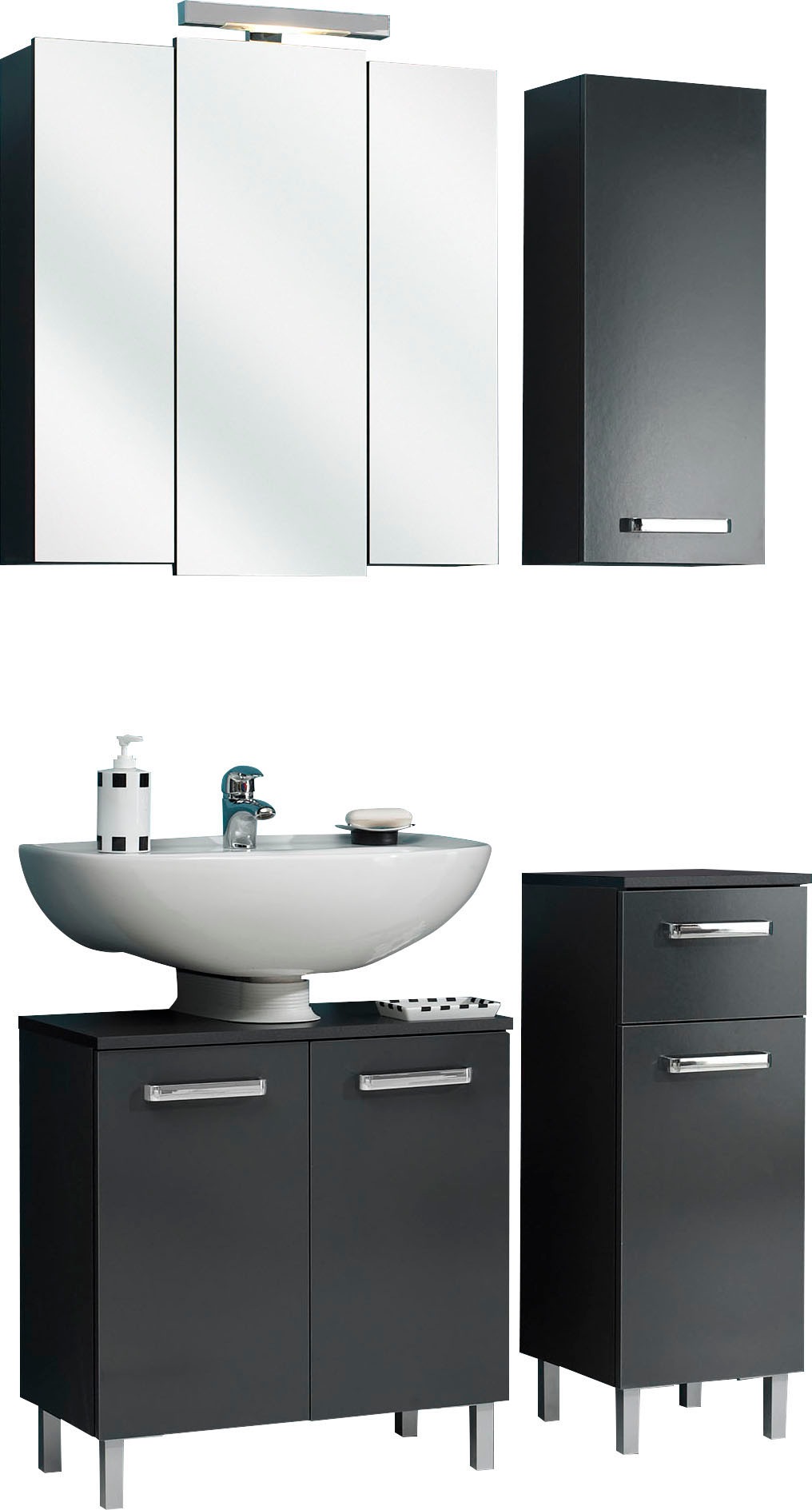 Saphir Badmöbel-Set »Quickset 4-teilig, Waschbeckenunterschrank mit LED-Spiegelschrank« 4 Stk. tlg.