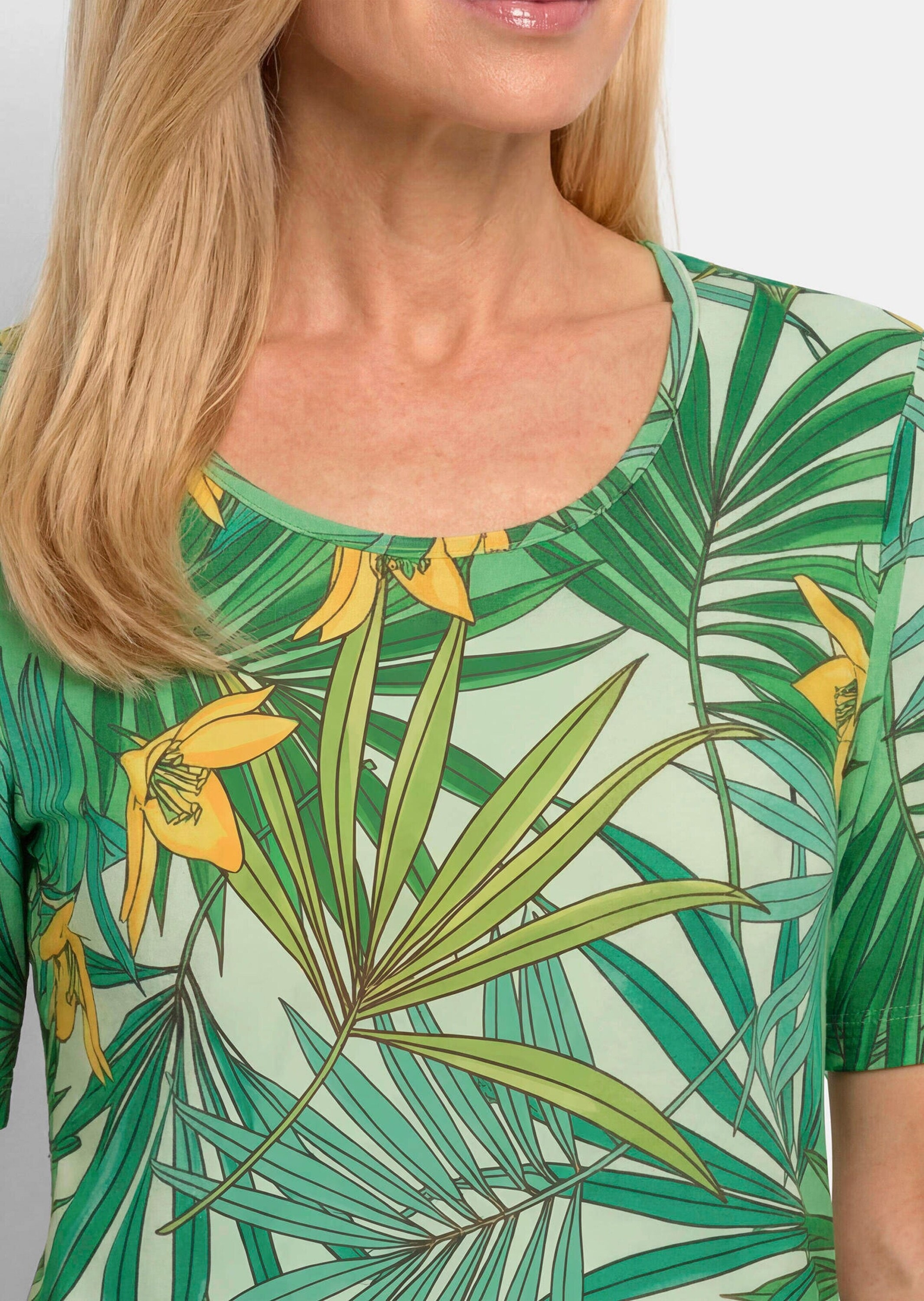 GOLDNER Kurzarmshirt »Wohlfühlshirt mit tropischem Dessin« stretchbequemer Viskosejersey