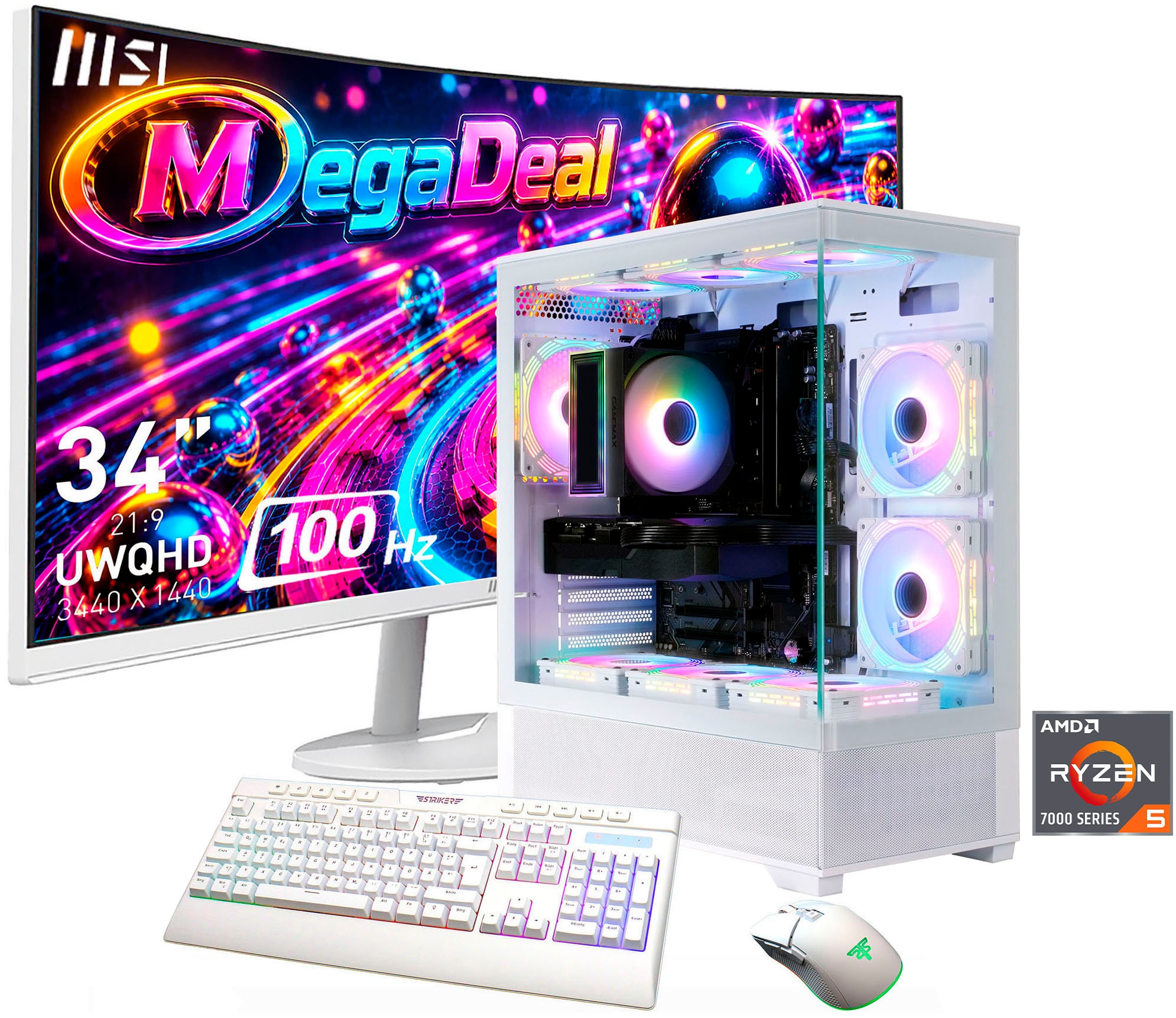 GAMEMAX Gaming-PC-Komplettsystem »MegaDeal Vista AB 2885 AMD Ryzen 5 7500F 32GB DDR5 1TB SSD RX 9070« 34 ″ AMD Ryzen 5 Radeon RX 9070 32 GB RAM 1.000 GB SSD Windows 11, DDR5 RAM+ MSI PRO MP341CQW LED-Monitor Curved 86,4cm (34")