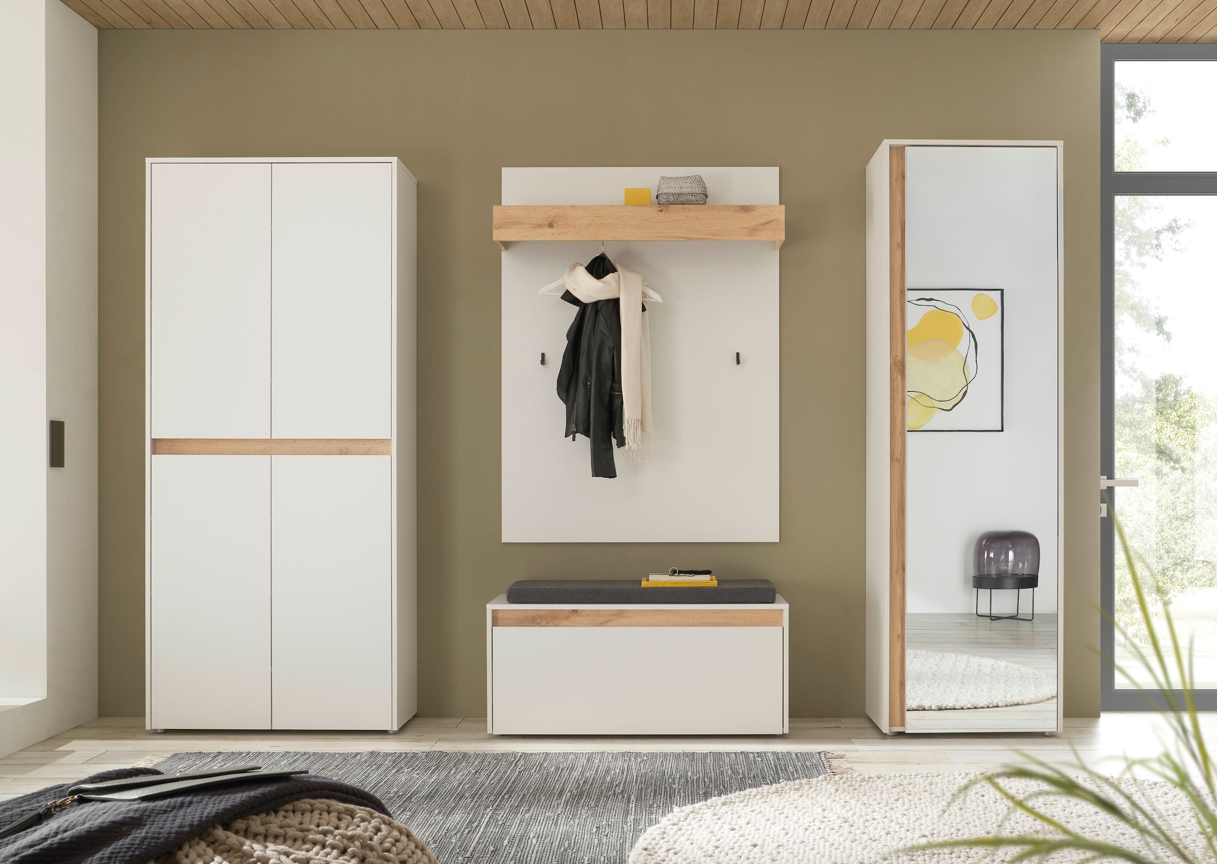 INOSIGN Garderoben-Set »City/Giron, moderne Garderobe, viel Stauraum, ca. 40 Schuhe«, (Set, 4 St.), enthält Schrank mit Spiegel, Schuhschrank, Paneel &Bank inkl. Kissen