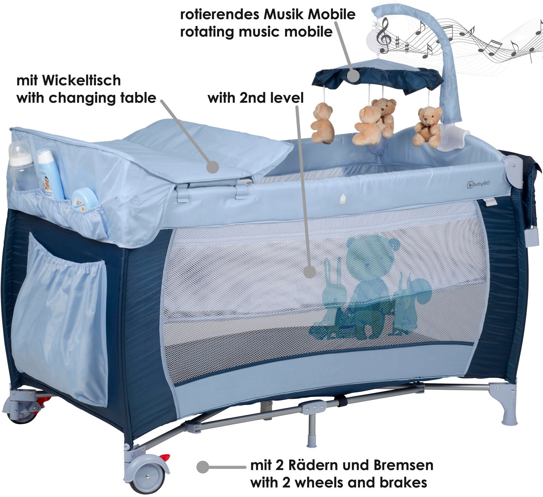 BabyGo Baby-Reisebett »Sleeper Deluxe, blau«, mit Musik-Mobile