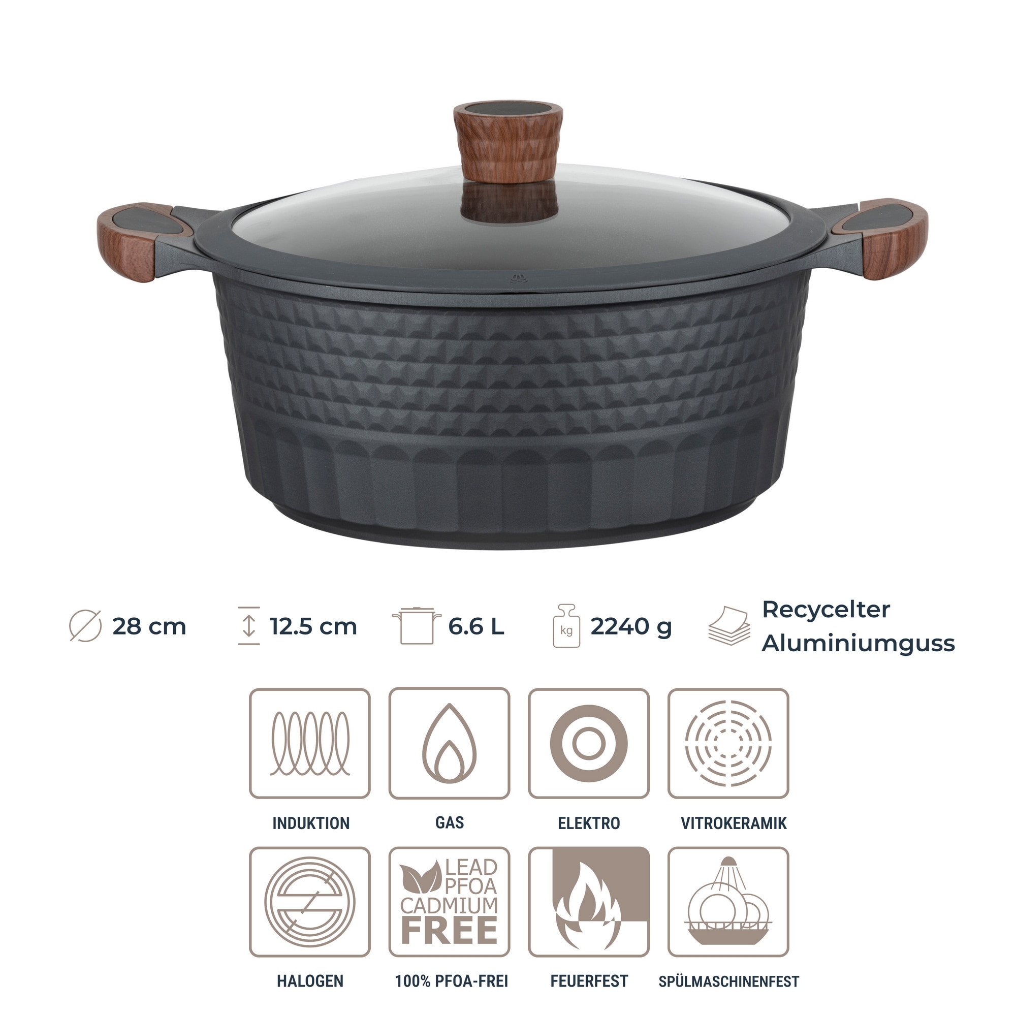 RESTO Kitchenware Topf-Set »Capella mit Deckel, antihaftbeschichtet und spülmaschinenfest« Set, 1x Stielkasserolle Ø 16 cm, je 1x Bratentopf Ø 24 cm + Ø 28 cm, 6 Stk. tlg. Aluminiumguss