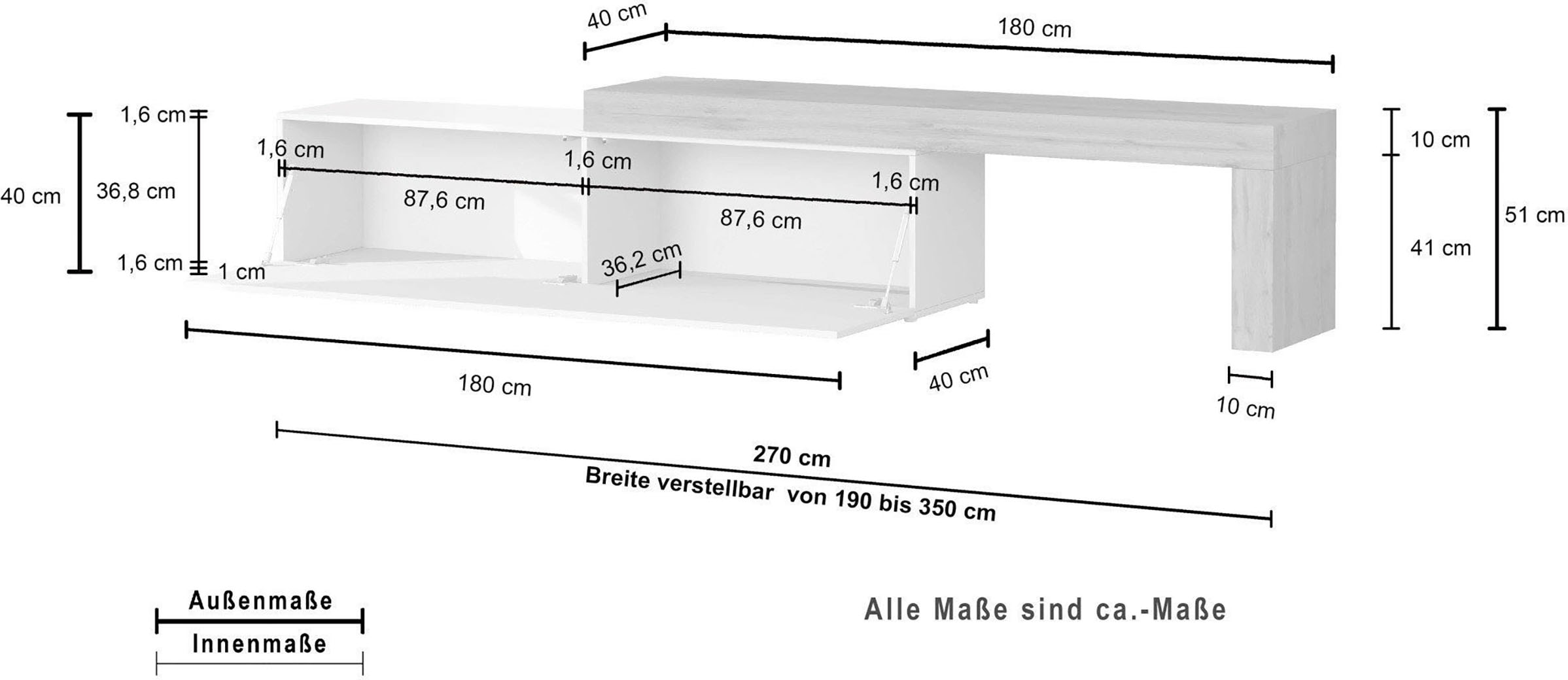 OTTO home Lowboard »Chronos TV-Board, TV-Schrank« Breite verstellbar von 190 bis 350 cm, 1 Stk. tlg. Breite 270 cm TV-Board,Lowboard,1 Klappe und ein L-Förmiger Aufsatz