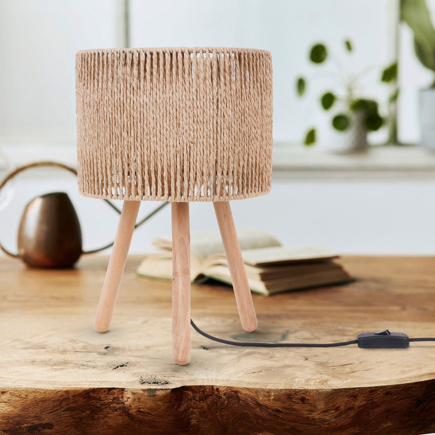 Paco Home Tischleuchte »PITA«, Leuchtmittel E27 | ohne Leuchtmittel, Nacht Schreib Lampenschirm Boho Holz Stativ E27