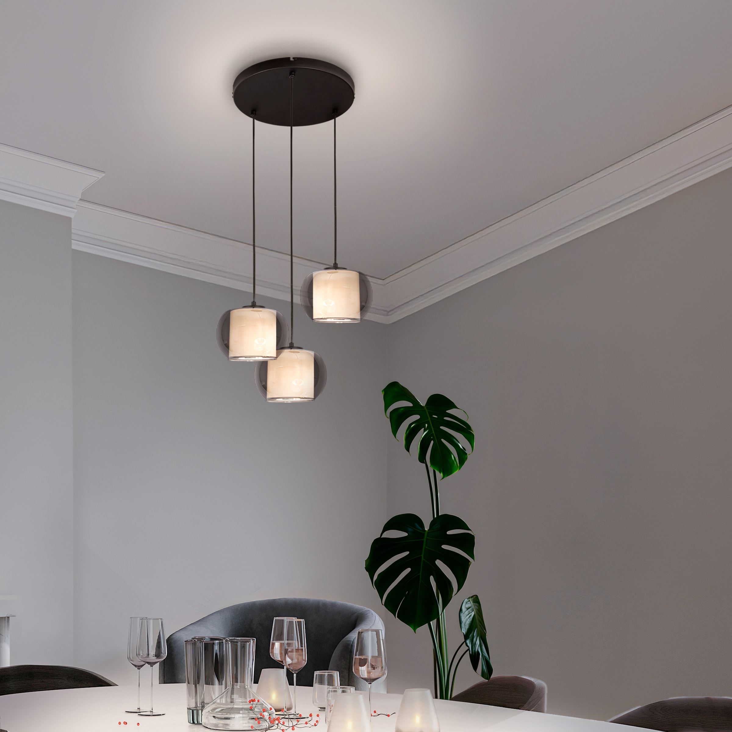 OTTO home Pendelleuchte »Tanissa mit Doppelschirm« E27 1 Stk. Pendellampe, 3er Rondell, Rauchglas, Stoffschirm, E27, Glasschirm