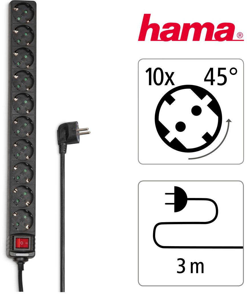 Hama Steckdosenleiste »Steckdosenleiste 10-fach, 2-poliger Schalter, Schwarz, 3 m«, 10-fach, (Kabellänge 3 m)