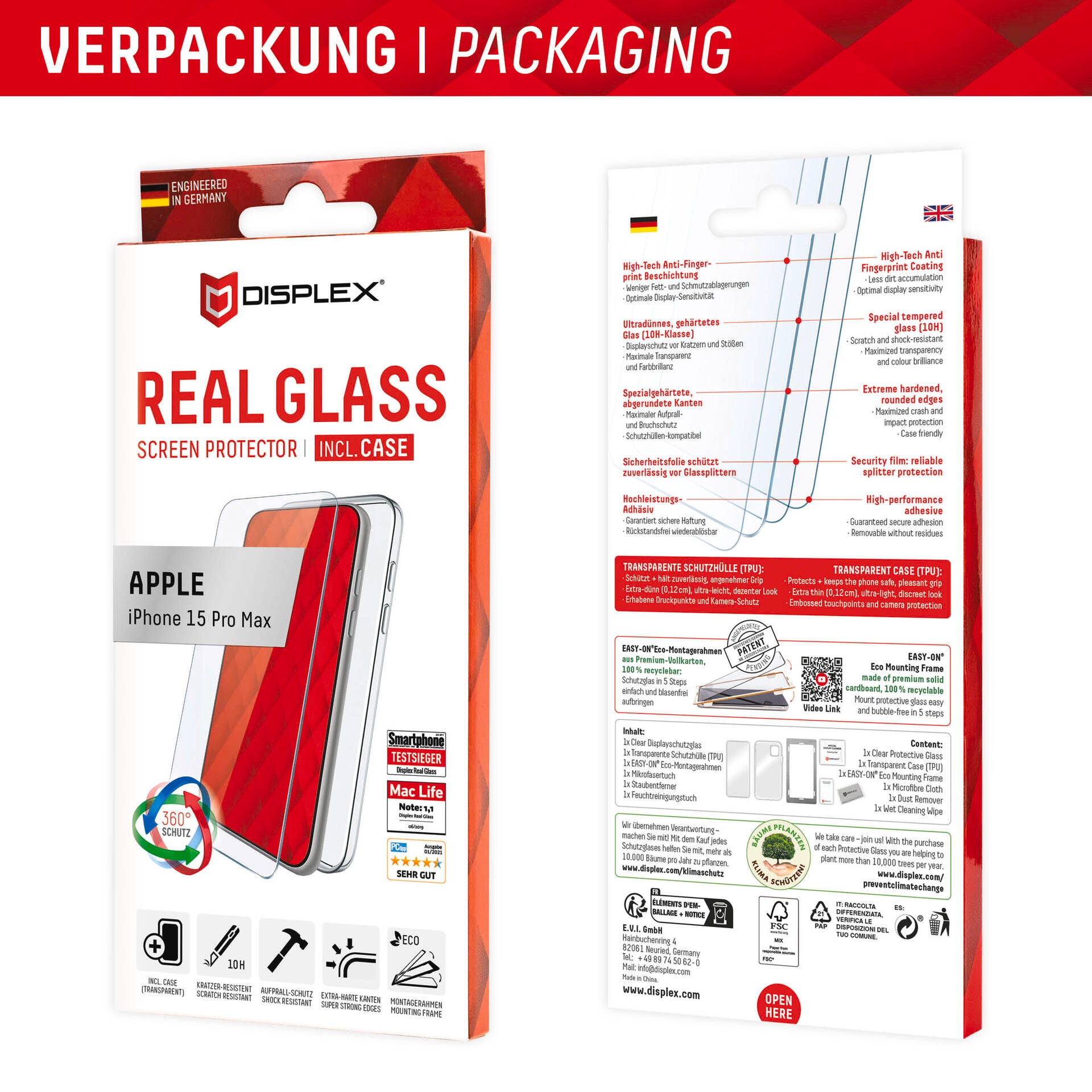 Displex Displayschutzglas »Real Glass + Case«, für Apple iPhone 15 Pro Max, Displayschutzfolie Displayschutz Rundumschutz 360 Grad splitterfest