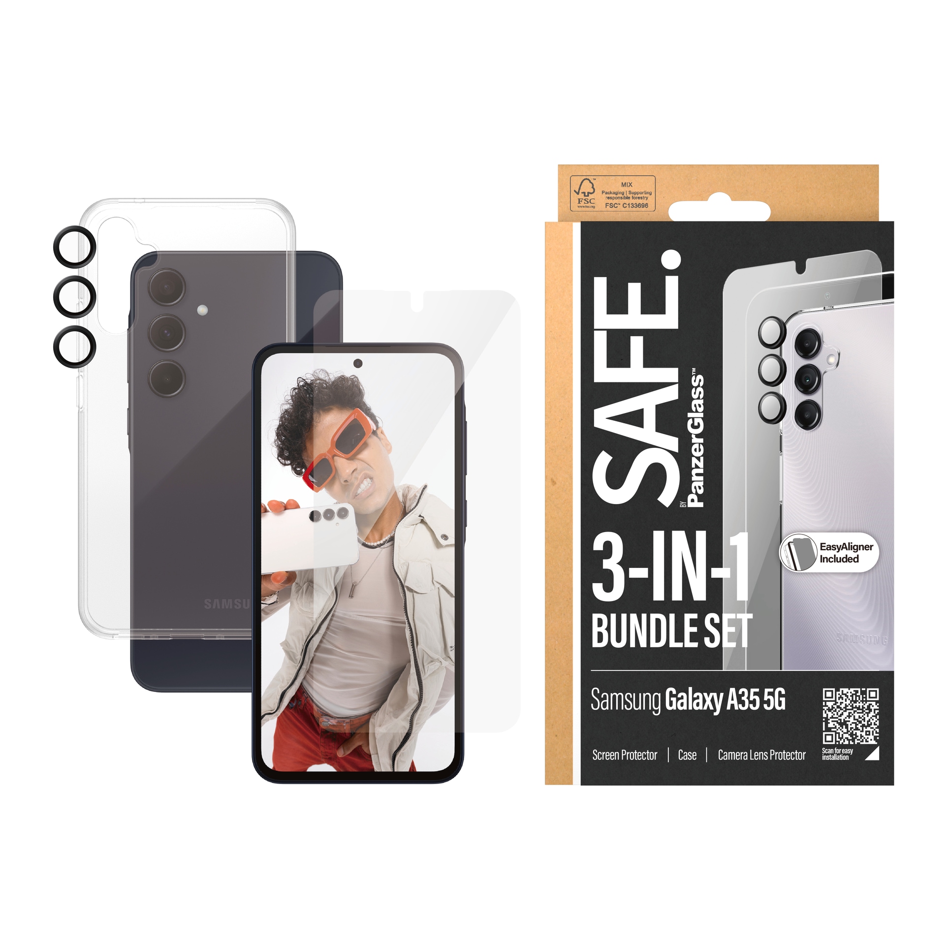 SAFE by PanzerGlass Displayschutzglas »3-in-1 Bundle Set Screen Protector, Case und Camera Lens Protector«, für Samsung Galaxy A35 5G, Bildschirmschutz, Kameraschutz, Backcover, Rundumschutz, 360 Grad