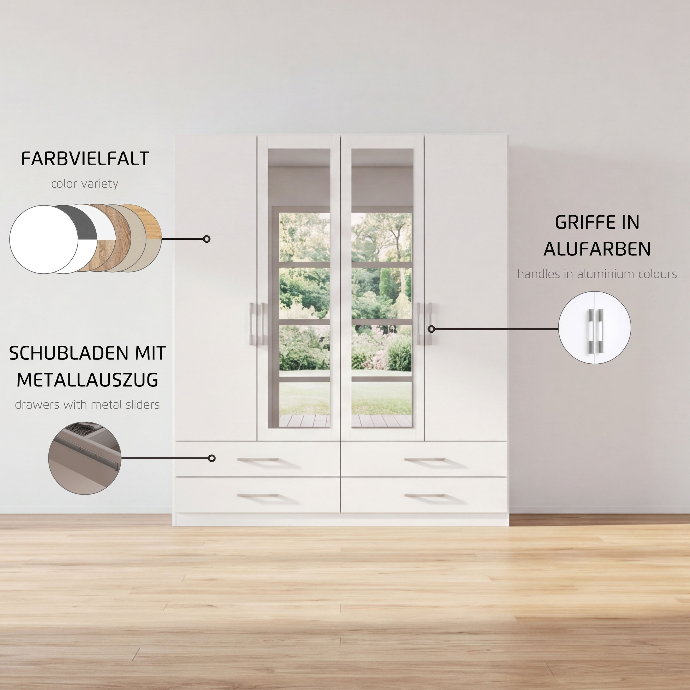rauch Kleiderschrank »Schrank Garderobenschrank Mehrzweckschrank Schlafzimmer HERSBRUCK« 3 verschiedene Ausstattungen BASIC/CLASSIC/PREMIUM (inkl. SOFT-CLOSE),  mit großzügigen Schubladen sowie Spiegeltüren MADE IN GERMANY