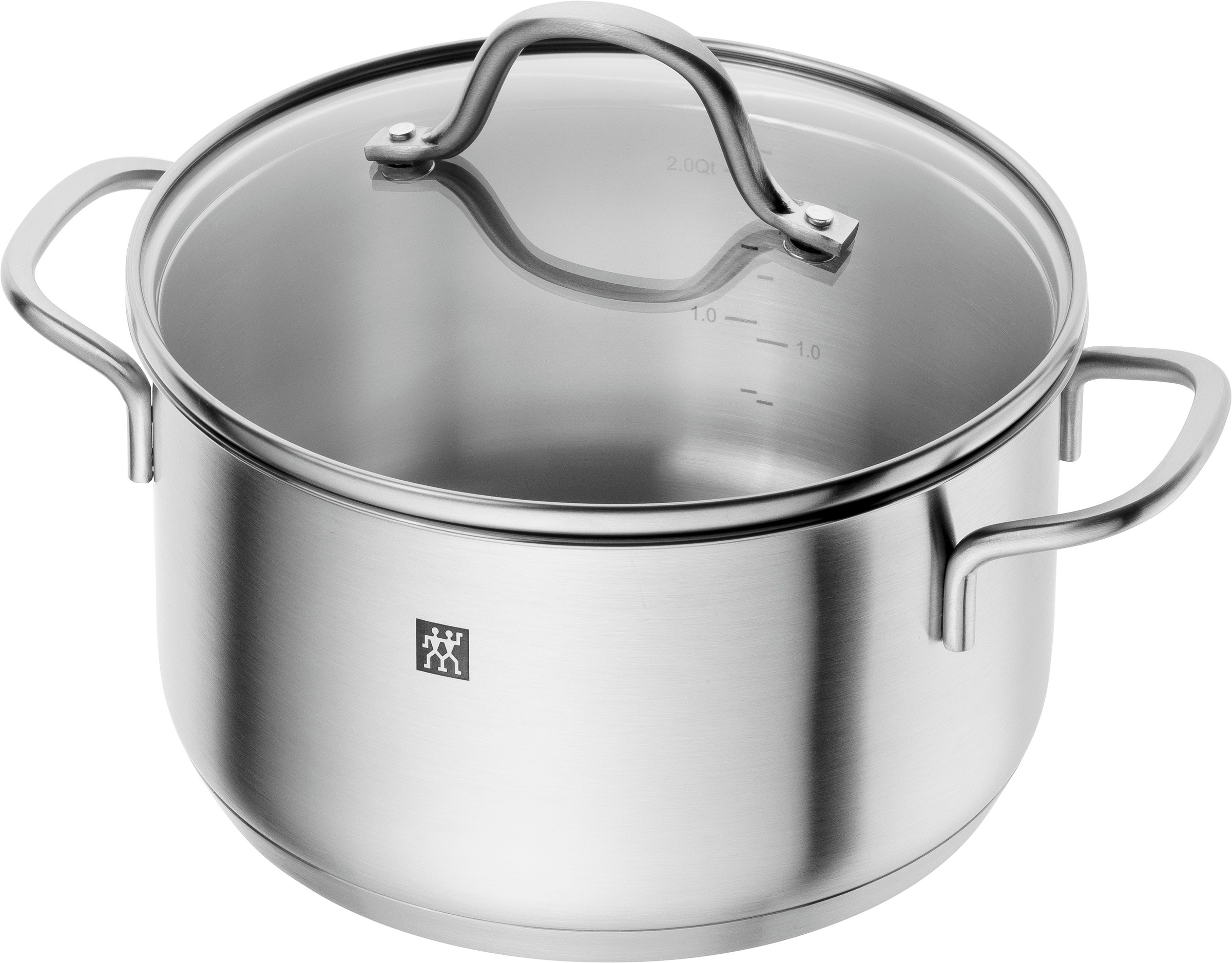 Zwilling Topf-Set »Flow/Twin Grip«, Edelstahl 18/10, (Set, 9 tlg., 1x Stieltopf 16 cm, 1x Bratentopf 20 cm, je 1 Kochtopf 16/20/24 cm), Glasdeckel, Sandwichboden, inkl. 6-tlg. Messer-Set