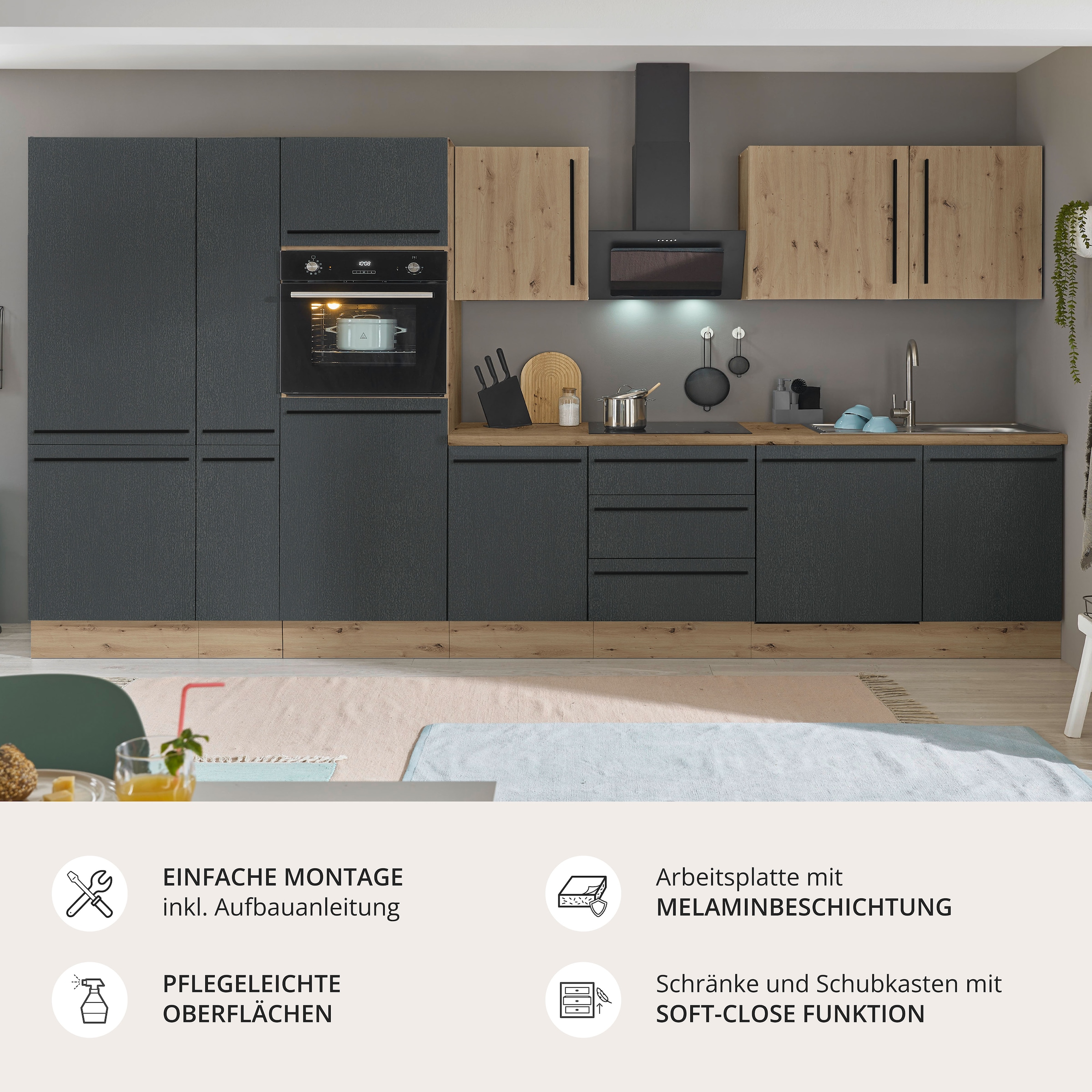 KOCHSTATION Küchenzeile »Florida« Breite 370 cm, wahlweise mit E-Geräten,Softclose für Türen/Schubkästen