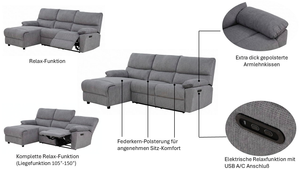 Home affaire Ecksofa »LANNOY, L-Form,  233cm, manuelle u. elektrische Funktion, mit USB A/C,« Liegefunktion 105°-150°, Federkern, Webstoff u. Cord-Bezug