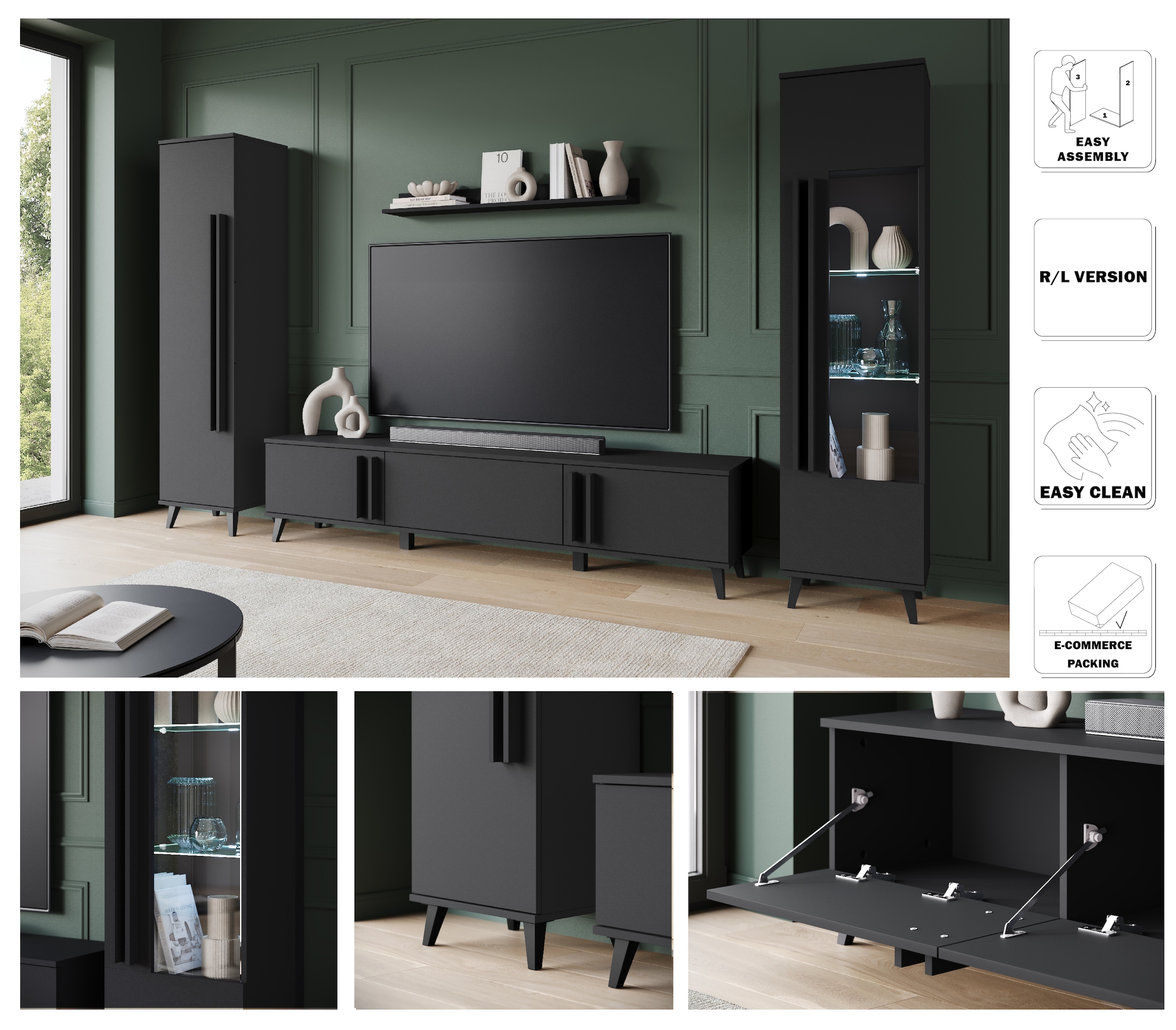 INOSIGN Wohnwand »Helsinki, Modernes Set mit verglaster Vitrine«, (Komplett-Set, 4 St.), mit lamellengriffen, verstellbaren Einlegeböden und Kunststofffüßen