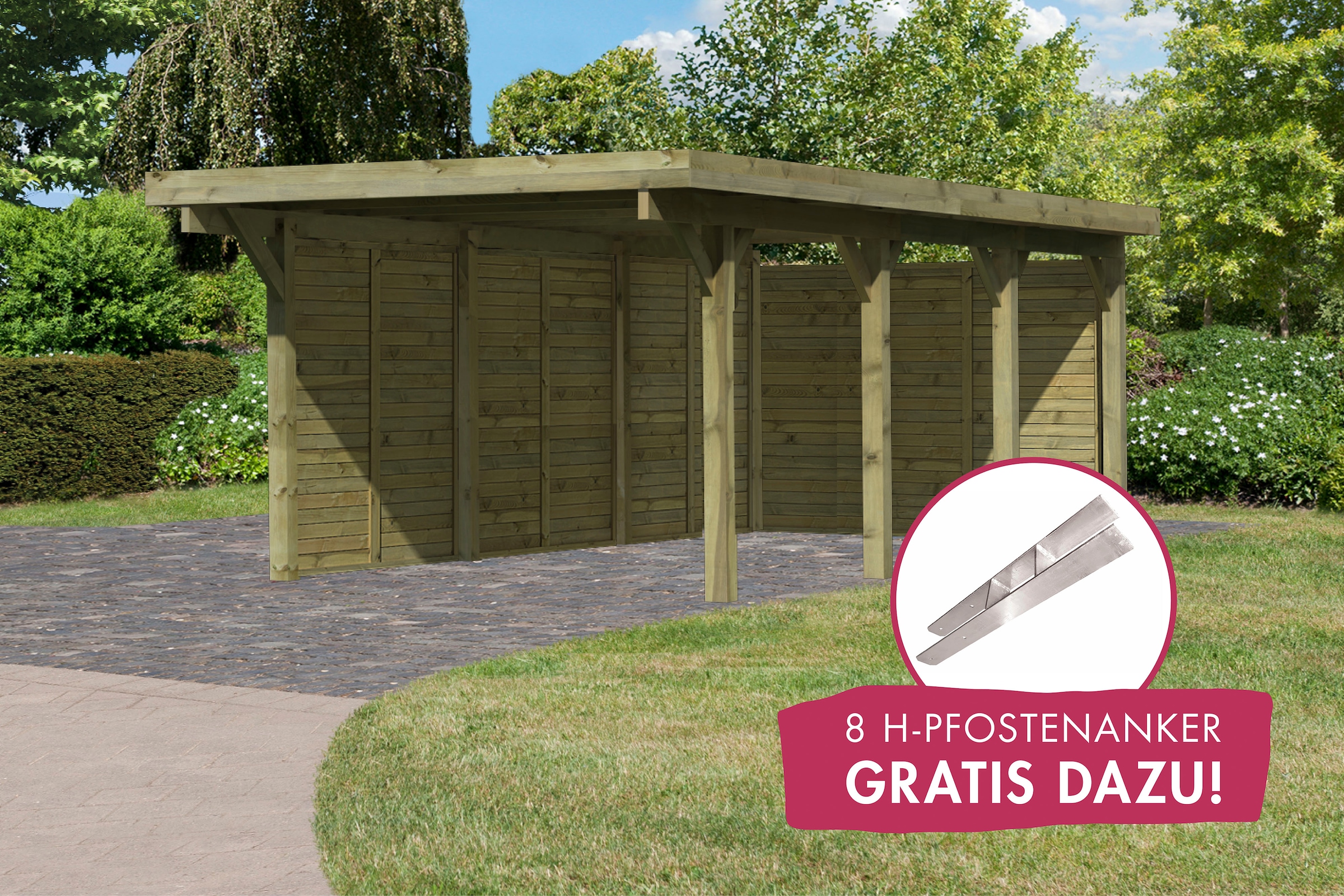 Einzelcarport »Classic 2«, Holz, 250 cm, braun, mit Rückwand und 3 Seitenwänden