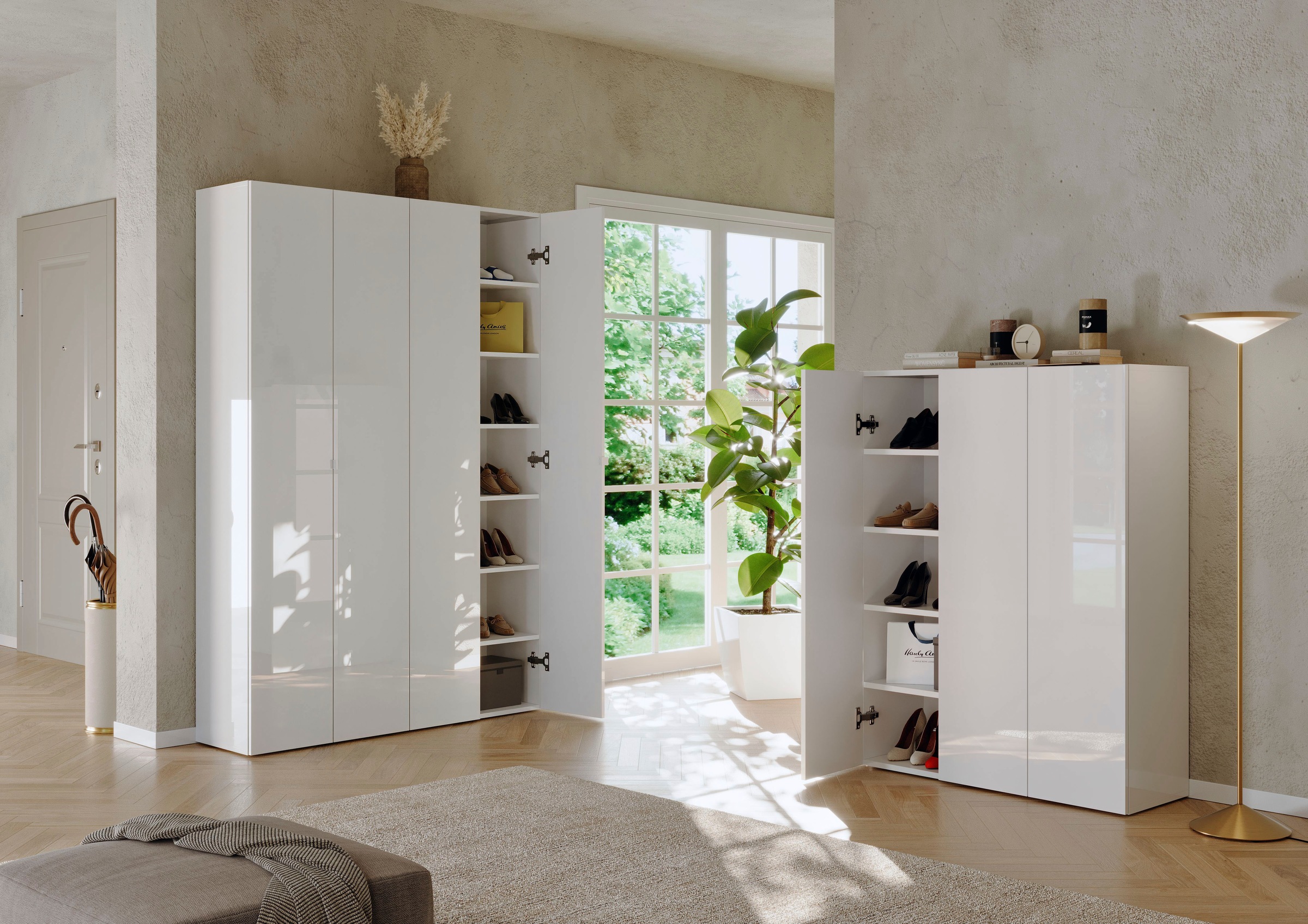INOSIGN Schuhschrank »SMILE Breite 124 cm, Höhe 184 cm, Schuhregal mit 7 Ebenen, 14 Fächer«, Schuhkommode in Weiss Hochglanz Lack, 2 Metallgriffe