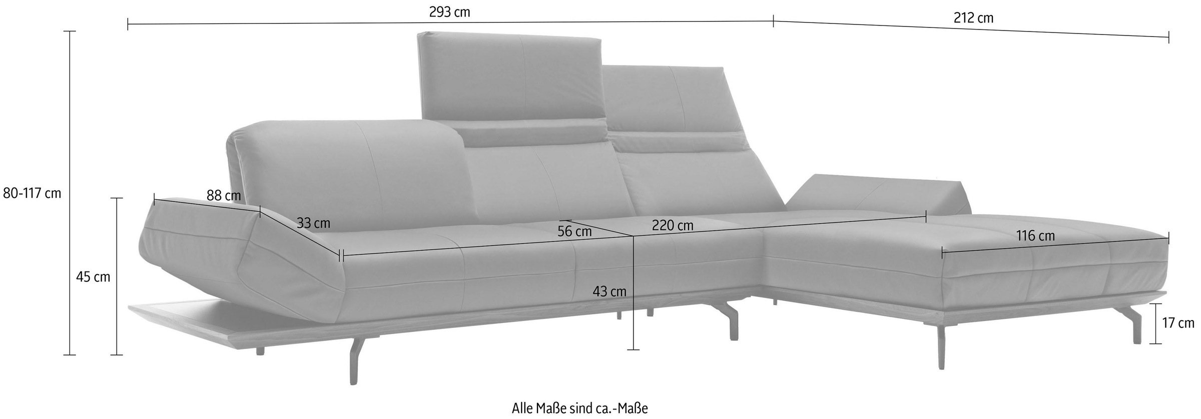 hülsta sofa Ecksofa »hs.420«, in 2 Qualitäten, Holzrahmen in Eiche Natur oder Nußbaum, Breite 293 cm